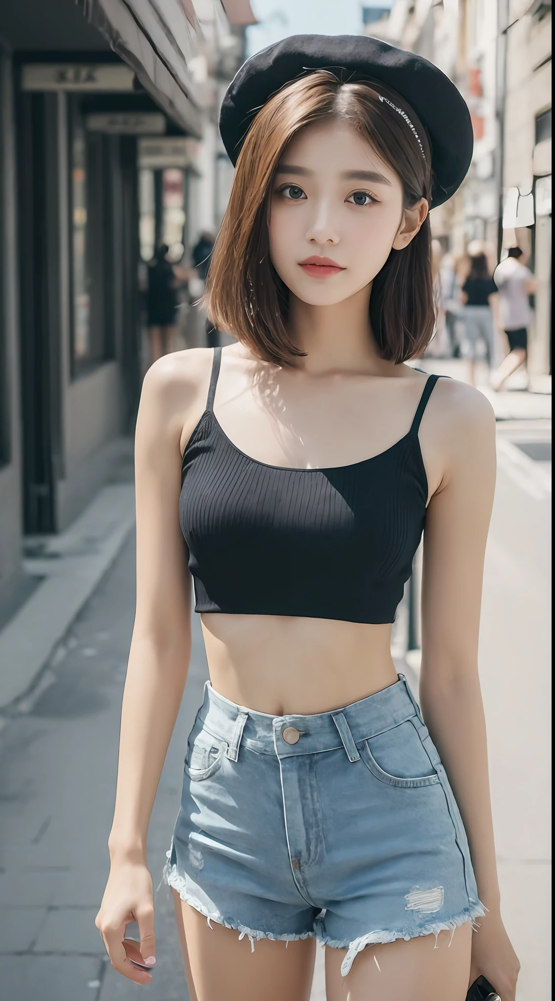 ((Best Quality, 8K, Masterpiece: 1.3)), (Flower Cap: 1.3), Focus: 1.2, Perfect Body Beauty: 1.4, (Layered Haircut: 1.2)), (Dark Street: 1.3), Highly Detailed Face and Skin Texture, Delicate Eyes, Double Eyelids, Whitened Skin, Long Hair, (Round Face: 1.5), (Loose Crop Top, Shorts: 1.6)