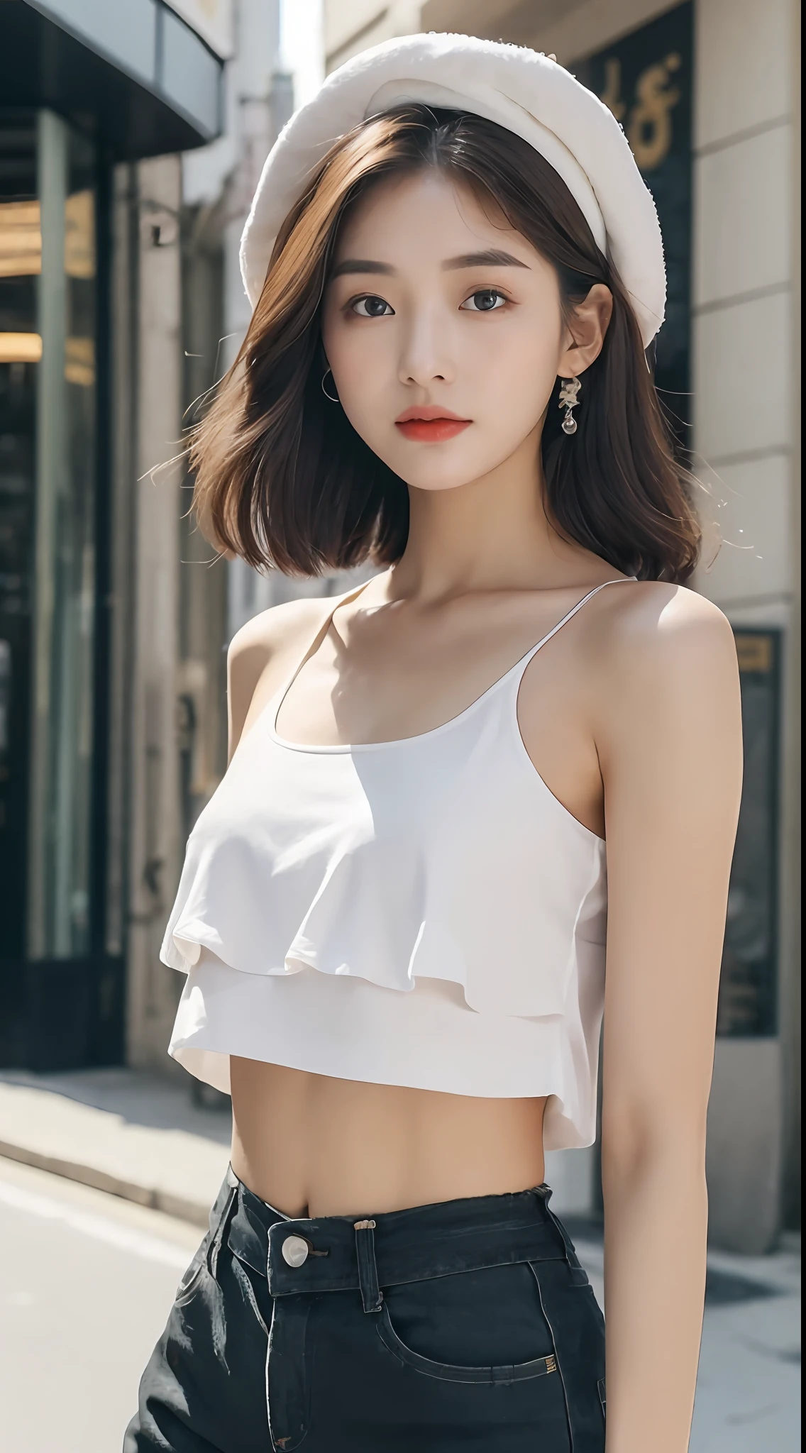 ((Best Quality, 8K, Masterpiece: 1.3)), (Flower Cap: 1.3), Focus: 1.2, Perfect Body Beauty: 1.4, (Layered Haircut: 1.2)), (Dark Street: 1.3), Highly Detailed Face and Skin Texture, Delicate Eyes, Double Eyelids, Whitened Skin, Long Hair, (Round Face: 1.5), (Loose Crop Top, Shorts: 1.6)