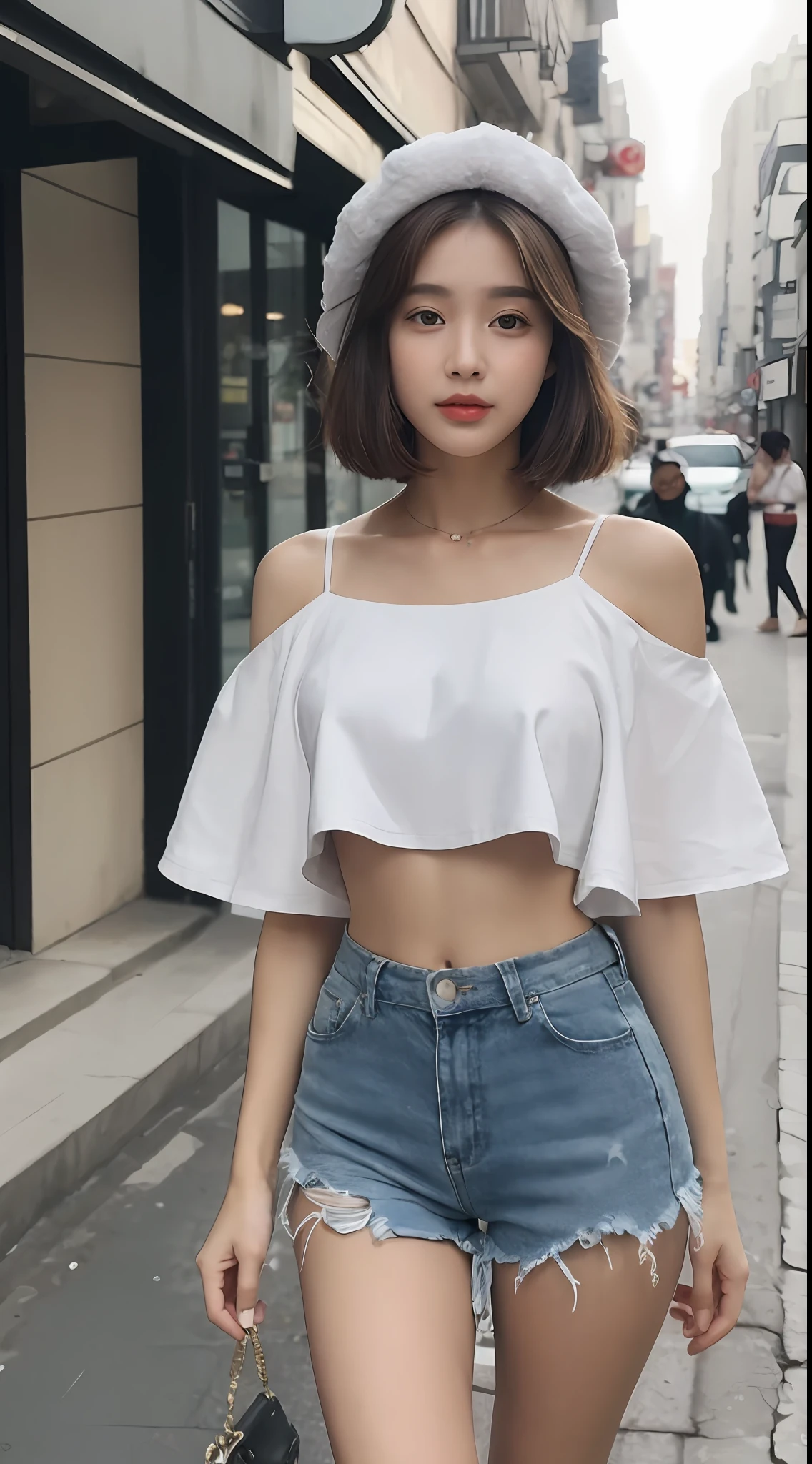 ((Best Quality, 8K, Masterpiece: 1.3)), (Flower Cap: 1.3), Focus: 1.2, Perfect Body Beauty: 1.4, (Layered Haircut: 1.2)), (Dark Street: 1.3), Highly Detailed Face and Skin Texture, Delicate Eyes, Double Eyelids, Whitened Skin, Long Hair, (Round Face: 1.5), (Loose Crop Top, Shorts: 1.6)