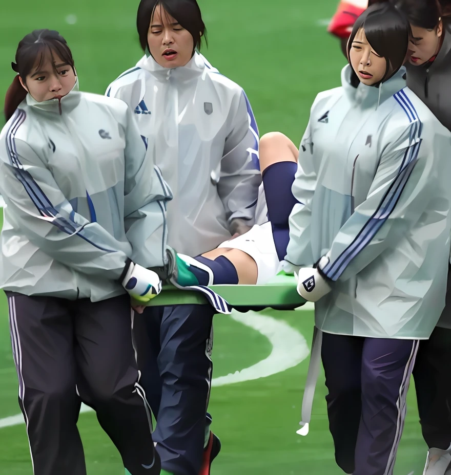 a soccer scene in a chinese sports stadium, rainy weather, wet ground, rainfall, injury scene in a sports stadium, stretcher carry, there are four female medics in wet raincoats who carrying a stretcher, there are four female medics in wet raincoats who are carrying a stretcher in a rainy sports stadium, there is a wounded male soccer player in a matte short cotton sports outfit lying on the stretcher, an injured male soccer player is lying on his back on a stretcher and is rearing up in agony, a soccer player is rearing up in pain while lying on his back on a stretcher, dramatic scene, theatralic posing scene, dramatic pity scene, injury soccer, first aid, help, pity, there are four female medics in shiny raincoats who are looking very sad and very terrified and very shocked, the injured soccer player is screaming out in pain while he is carried from the pitch on a stetcher through the rain