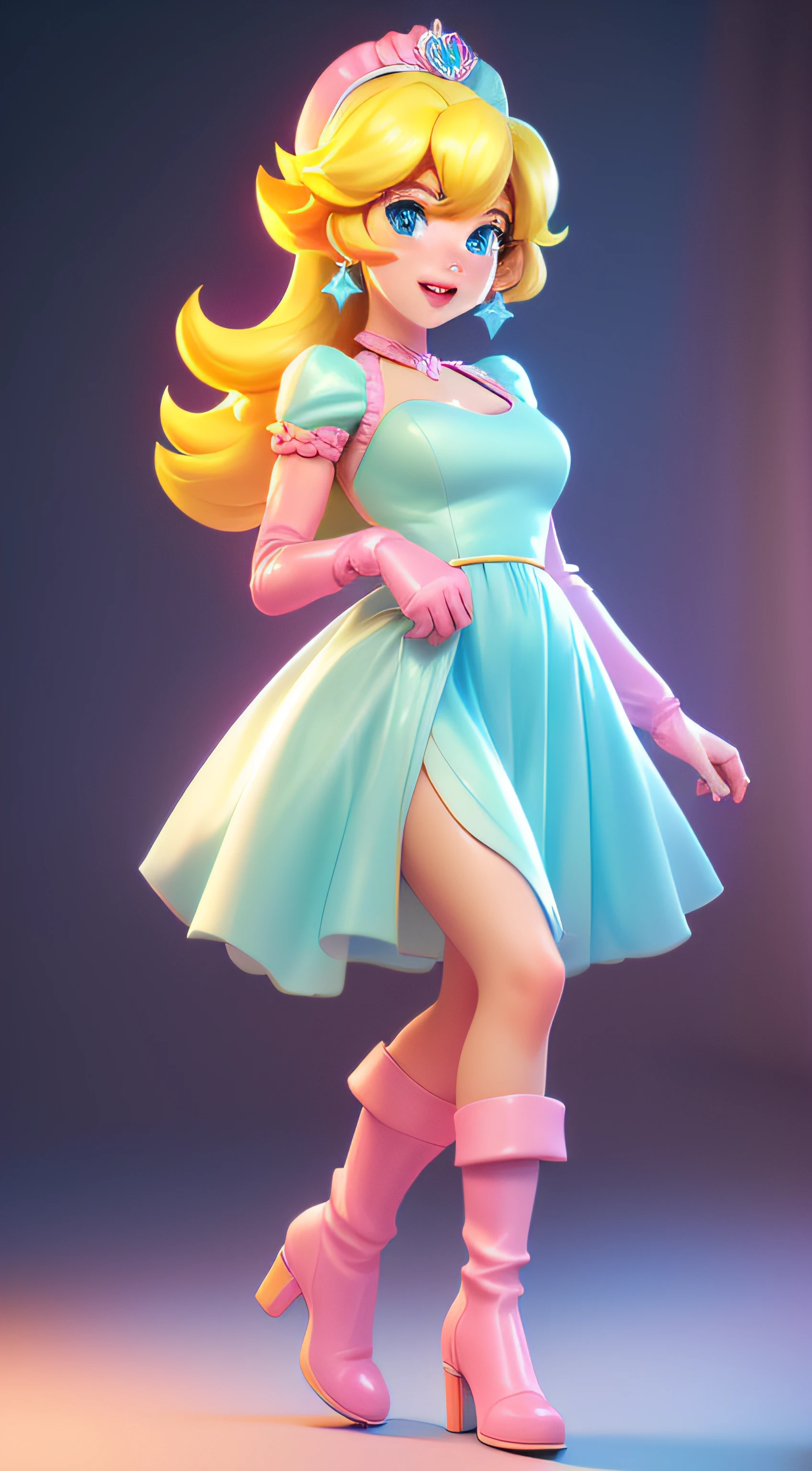 absurdres, 1girl, medium breast, star eye, (princess peach) blush, (realistic:1.5), (blue eyes:0.85), (masterpiece, Extremely detailed CG unity 8k wallpaper, best quality, highres:1.2), (ultra_detailed, UHD:1.2), perfect illumination, distinct, (1girl:1.4), unreal engine, sidelighting, perfect face, detailed face, bangs, perfect body, beautiful eyes, pretty face, (bright skin:1.4), bedroom, soft light, realistic skin, perfect shoes, (night leather long dress:1.3), cleavage, realistic eyes, (photorealistic:1.4), (bishoujo:1.2), (high healed boots:1.2), perfect shoes, standing, (looking at viewer:1.3), long pink dress. SFW