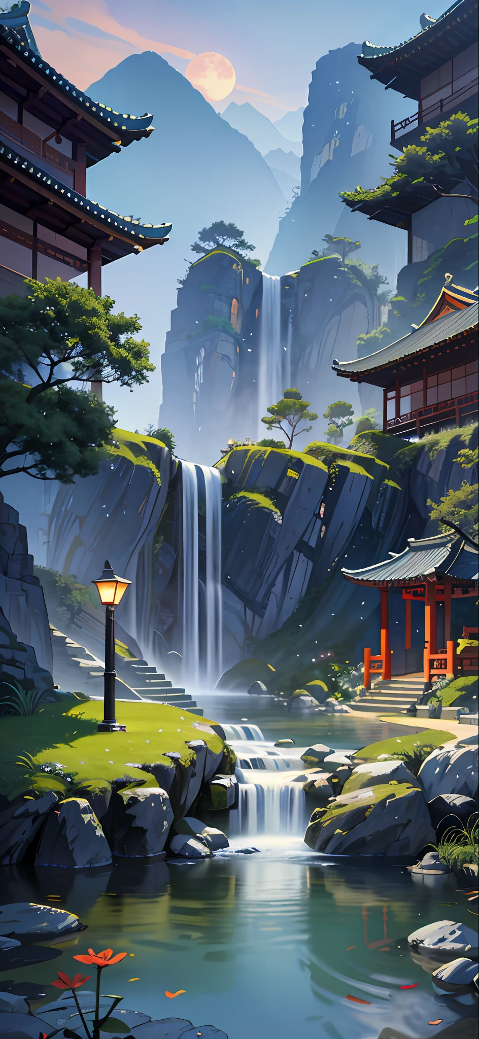Ancient Chinese architecture, cool colors, dark night, moon, garden, bamboo, lake, stone bridge, rockery, arch, corner, tree, running water, landscape, outdoor, waterfall, grass, rock, dense fog, (Illustration: 1.0) , Epic Composition, HD Details, Masterpiece, Best Quality, (Very Detailed CG Unity 8k Wallpapers) --v 6