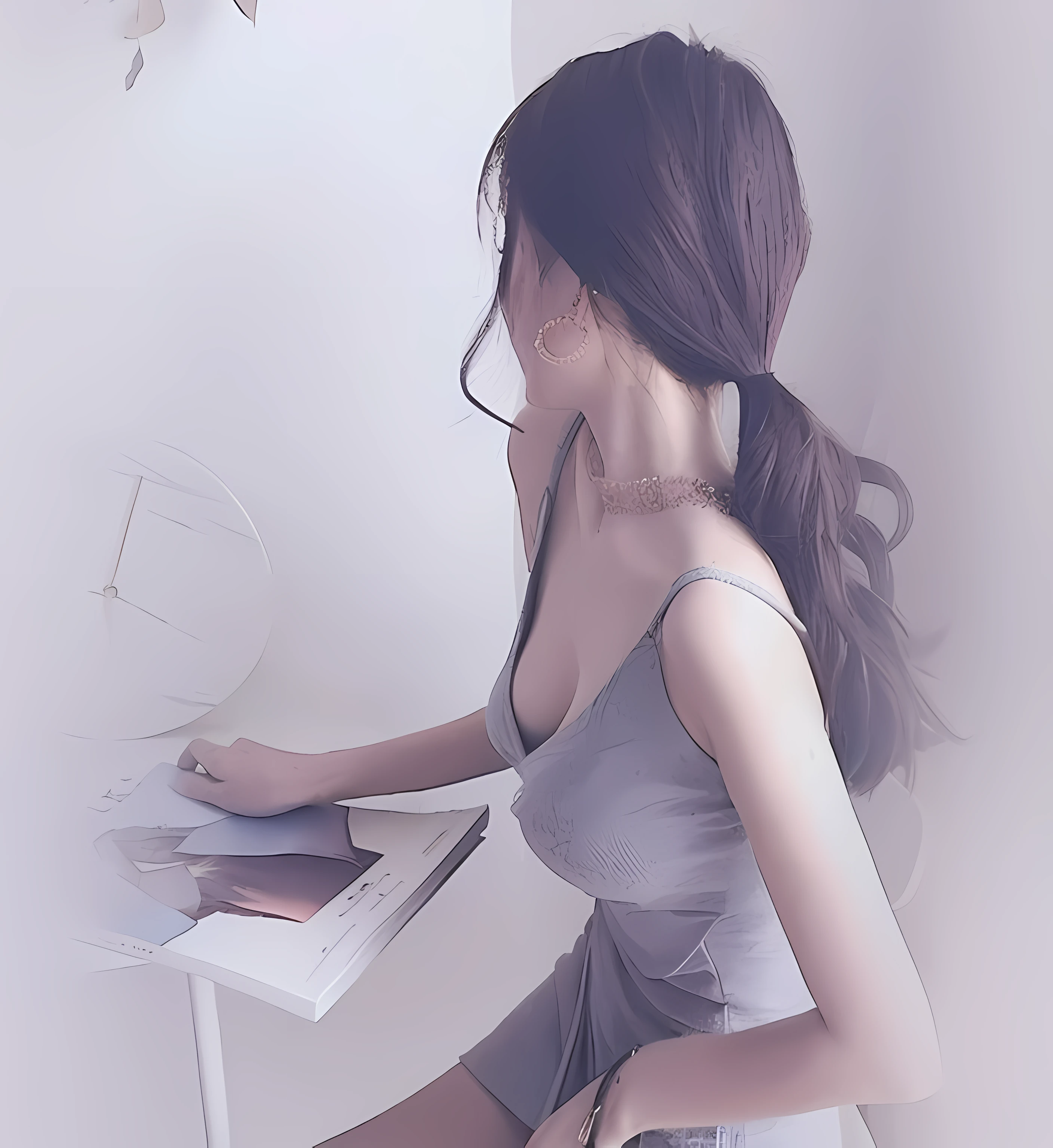 There was a woman sitting at her desk,Holding a book, photo of slim girl, photo of slim girl model, Sexy girl, Gorgeous young Korean woman, Korean girl, Attractive girl, Open V chest clothes, elegant profile pose, Attractive pose, Gorgeous lady, wearing a low cut tanktop, The innocent look of the girl next door, Good young girl, Thin waist, Slender waist