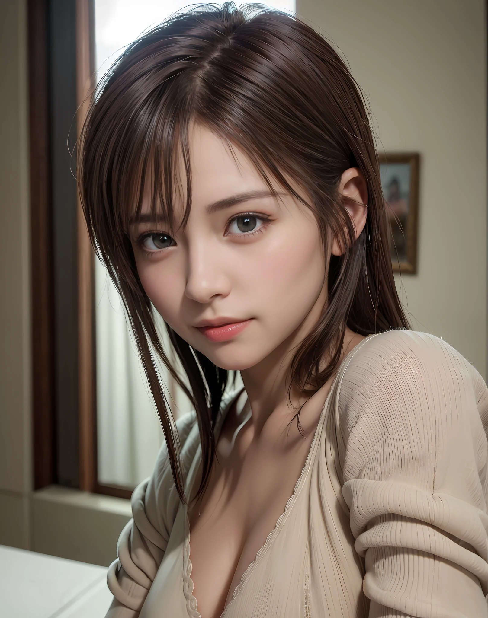 Night, RAW Photography, (((Very Beautiful Portrait))), (Very Beautiful Portrait))), 1 Girl, Sexy 25 Year Old Girl, ((Natural Brown Hair with Short Cuts)), [Brown Eyes],Gentle Smile Staring at the Camera(cleavage), ((Masterpiece, Best Quality, Ultra Detail, Cinematic Lights, Intricate Detail, High Definition, 8k, Very Detailed)), Detail Background, 8k UHD, DSLR, soft lighting, high quality, film grain, fujifilm XT3, shallow depth of field, natural light, perfect face