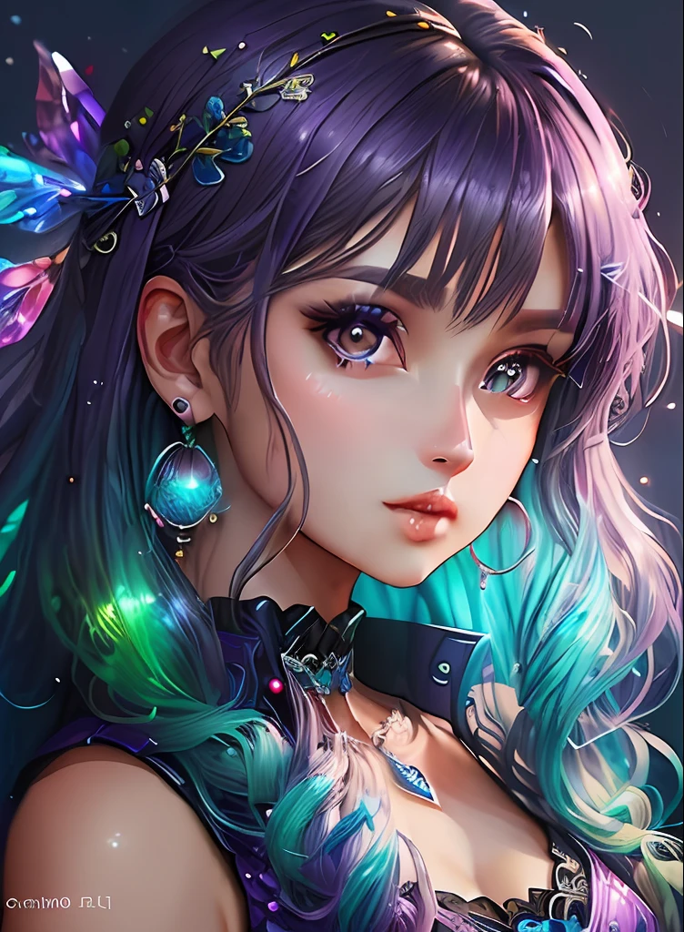 ((top-quality)), ((masterpiece)), ((realisitic)), (detaileds),animesque、anime styled、 (1人の女性)Earrings only accessories、Close up portrait of woman with greenish-purple hair color、Beautiful shining eyes, Like crystal clear glass、Casual sleeveless without collar、Summer clothes、4K high-definition digital art、stunning digital illustration、Stunning 8K artwork、colorfull digital fantasy art、Colorful and bright、beautiful digital works of art、Colorful Digital Anime Art、Portrait of beautiful woman、8K HD Digital Wallpaper Art、 Gorgeous Digital Painting