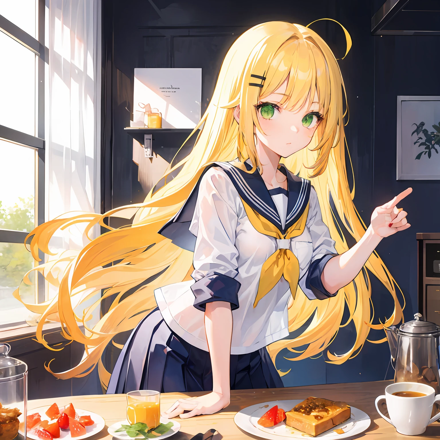 1girl,Yellow hair,long hair,hessy hair,green eyes,breakfast,serafuku