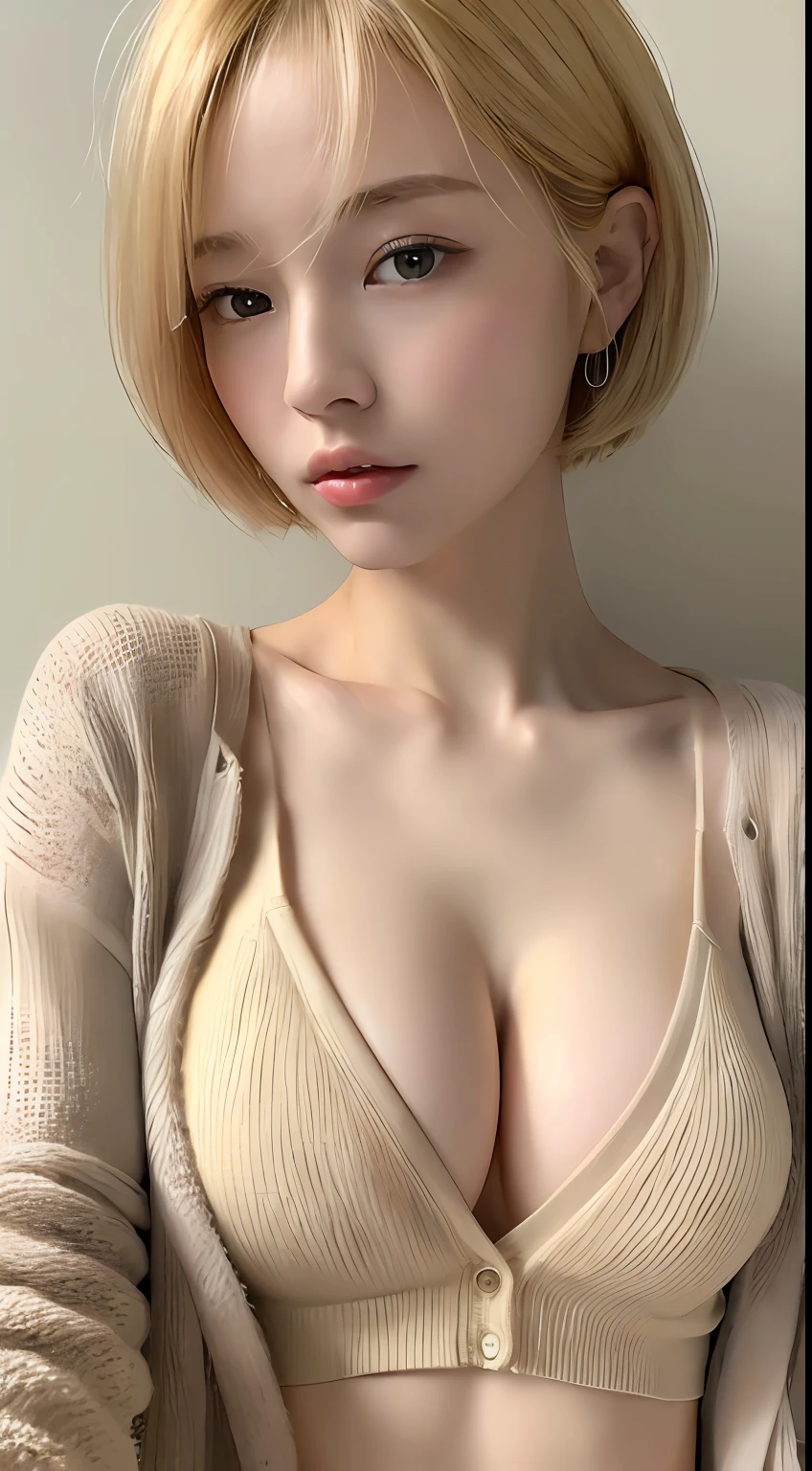 ((top-quality、8k、masterpiece:1.3))、1人、Beautiful woman with slender abs:1.3、(a blond、medium short hair、爆乳:1.2)、cardigan:1.1、hyperdetailed face、A detailed eye、二重まぶた