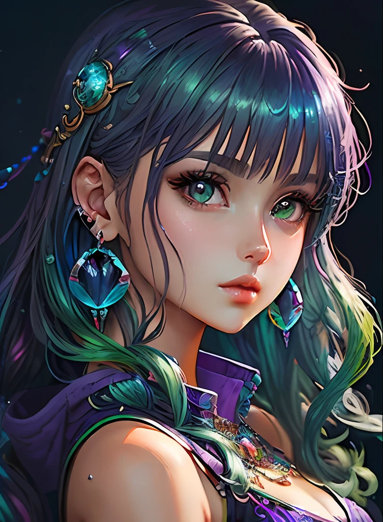 ((top-quality)), ((​masterpiece)), ((realisitic)), (detaileds),animesque、anime styled、 (1人の女性）Earrings only accessories、Close up portrait of woman with greenish-purple hair color、Beautiful shining eyes, Like crystal clear glass、Casual sleeveless without collar、Summer clothes、4K high-definition digital art、stunning digital illustration、Stunning 8K artwork、colorfull digital fantasy art、Colorful and bright、beautiful digital works of art、Colorful Digital Anime Art、Portrait of beautiful woman、8K HD Digital Wallpaper Art、 Gorgeous Digital Painting
