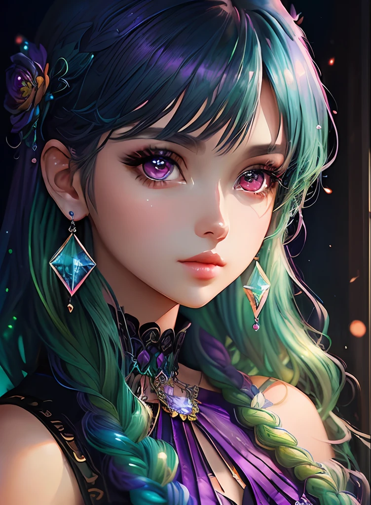 ((top-quality)), ((masterpiece)), ((realisitic)), (detaileds),animesque、anime styled、 (1人の女性)Earrings only accessories、Close up portrait of woman with greenish-purple hair color、Beautiful shining eyes, Like crystal clear glass、Casual sleeveless without collar、Summer clothes、4K high-definition digital art、stunning digital illustration、Stunning 8K artwork、colorfull digital fantasy art、Colorful and bright、beautiful digital works of art、Colorful Digital Anime Art、Portrait of beautiful woman、8K HD Digital Wallpaper Art、 Gorgeous Digital Painting
