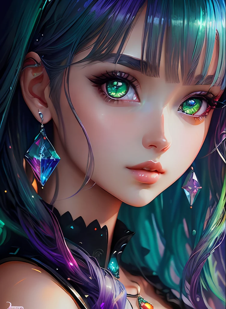 ((top-quality)), ((masterpiece)), ((realisitic)), (detaileds),animesque、anime styled、 (1人の女性)Earrings only accessories、Close up portrait of woman with greenish-purple hair color、Beautiful shining eyes, Like crystal clear glass、Casual sleeveless without collar、Summer clothes、4K high-definition digital art、stunning digital illustration、Stunning 8K artwork、colorfull digital fantasy art、Colorful and bright、beautiful digital works of art、Colorful Digital Anime Art、Portrait of beautiful woman、8K HD Digital Wallpaper Art、 Gorgeous Digital Painting