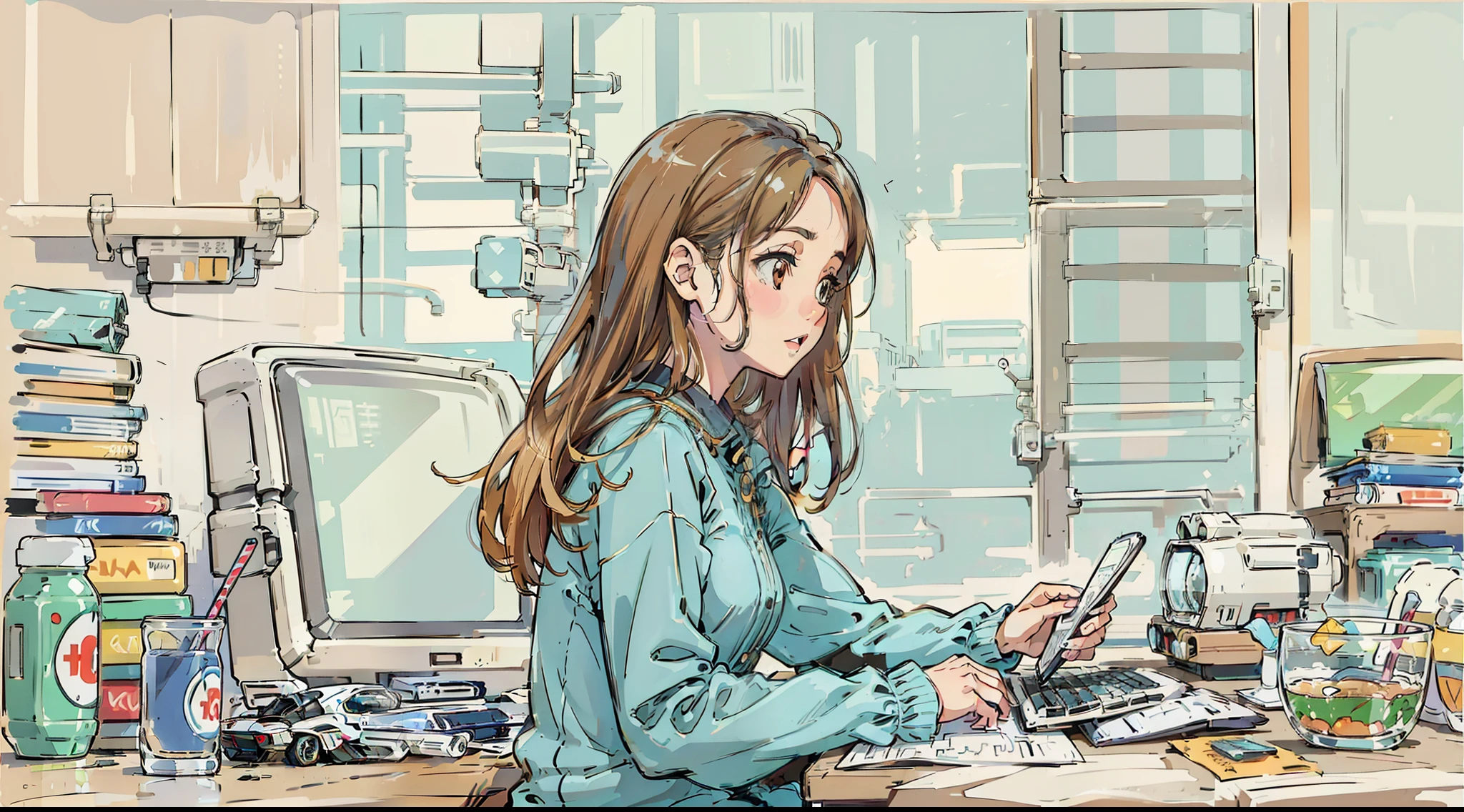 superfine illustration, Best Quality, Japan corporation, Female in her 30s,Internet Banking, The secret weapon of a mortgage, People who use computers, Financial documents, Office Background, Horizontal layout for blogs, Gentle illustration style