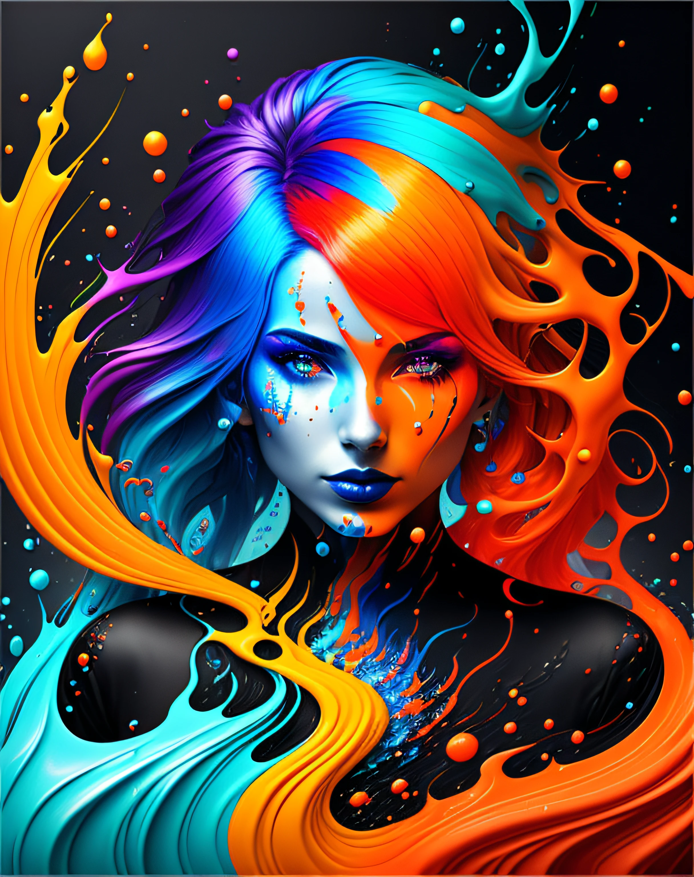 a painting of a woman with colorful hair, fantasy game spell icon, splashes of liquid, computer game art, hyperdetailed colourful, fantasy colours, avatar image, strong blue and orange colors, beautiful avatar pictures, body painted with black fluid, digital art h 9 6 0, rich colourful