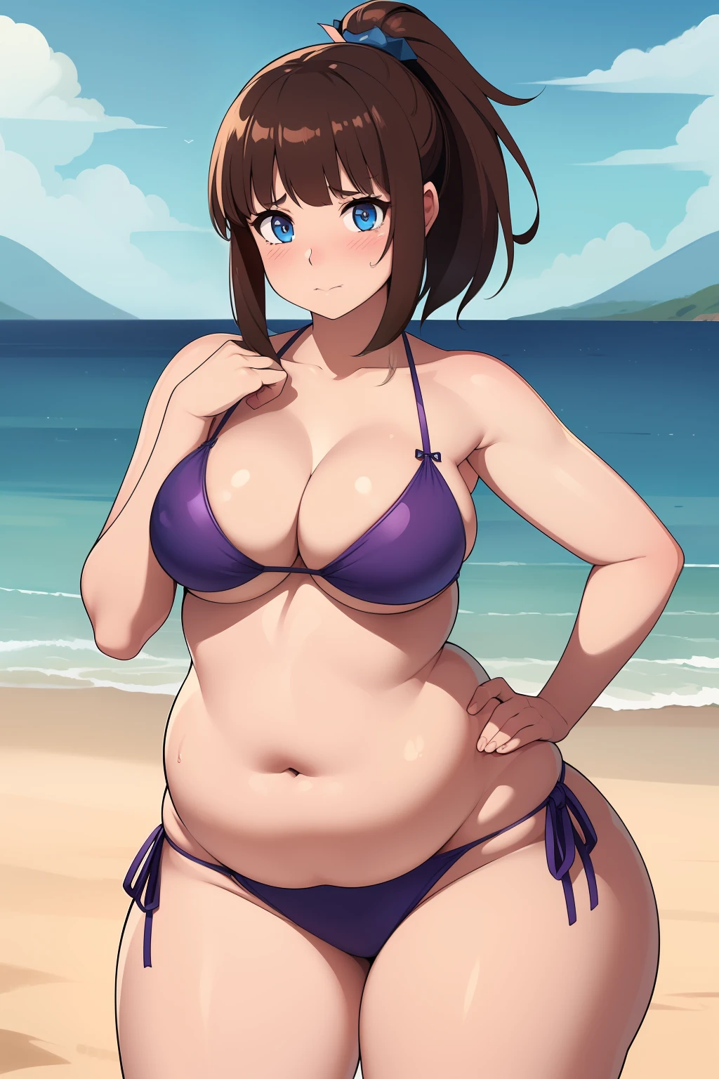 ((kipteitei)), ((masterpiece)), (((best quality))), ((ultra-detailed)), (((illustration))), detailed face, ultra cute face, detailed body, ((Line art)), (in the style of cell shaded), (vivid colors), skindentation, ((1girl)), ((solo)), medium hair, brown hair, blue eyes, ponytail, purple side tie bikini, undersized bikini, hand on hip, wet, looking at viewer, cowboy shot, (blushing), shy, embarrassed, standing on beach, medium breasts, perky breasts, ((wide hips)), (((thick thighs))), thicc, ((fat ass)), (pudgy),