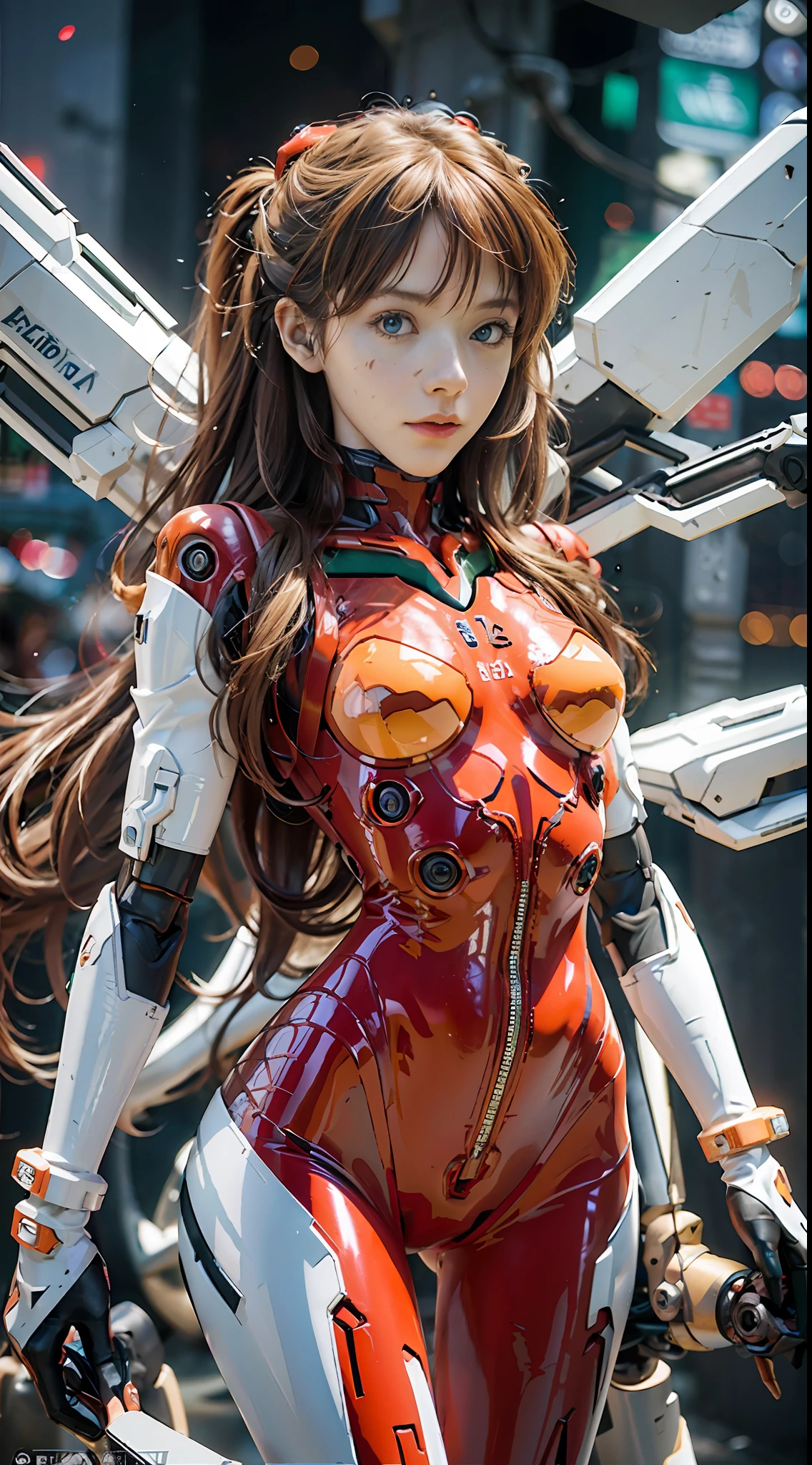 (realistic: 1.3) (original: 1.2), masterpiece, best quality, (((beautiful clean face))), fullbody, ((robot girl, mecha)), broken armor, mechanical halo, mechanical arms, white hair, long hair, ceramic body, thigh gap, small breast, cyber background, extreme detailed city, EVA 02,Souryuu Asuka Lanley,(translucent body, reflection skin), 8k, best quality, ultra detailed, (hyperrealistic:1.4),