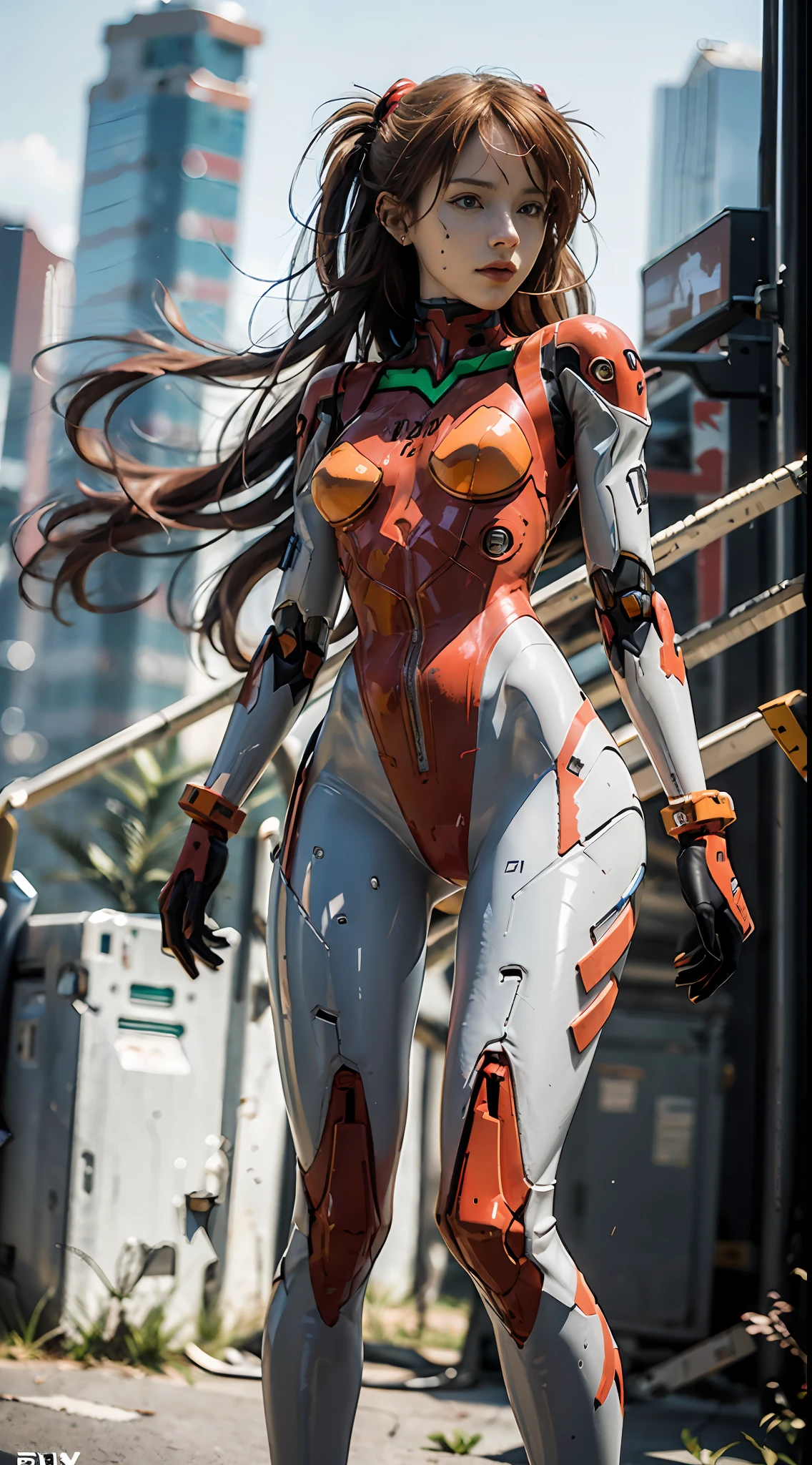 (realistic: 1.3) (original: 1.2), masterpiece, best quality, (((beautiful clean face))), fullbody, ((robot girl, mecha)), broken armor, mechanical halo, mechanical arms, white hair, long hair, ceramic body, thigh gap, small breast, cyber background, extreme detailed city, EVA 02,Souryuu Asuka Lanley，(translucent body, reflection skin), 8k, best quality, ultra detailed, (hyperrealistic:1.4),