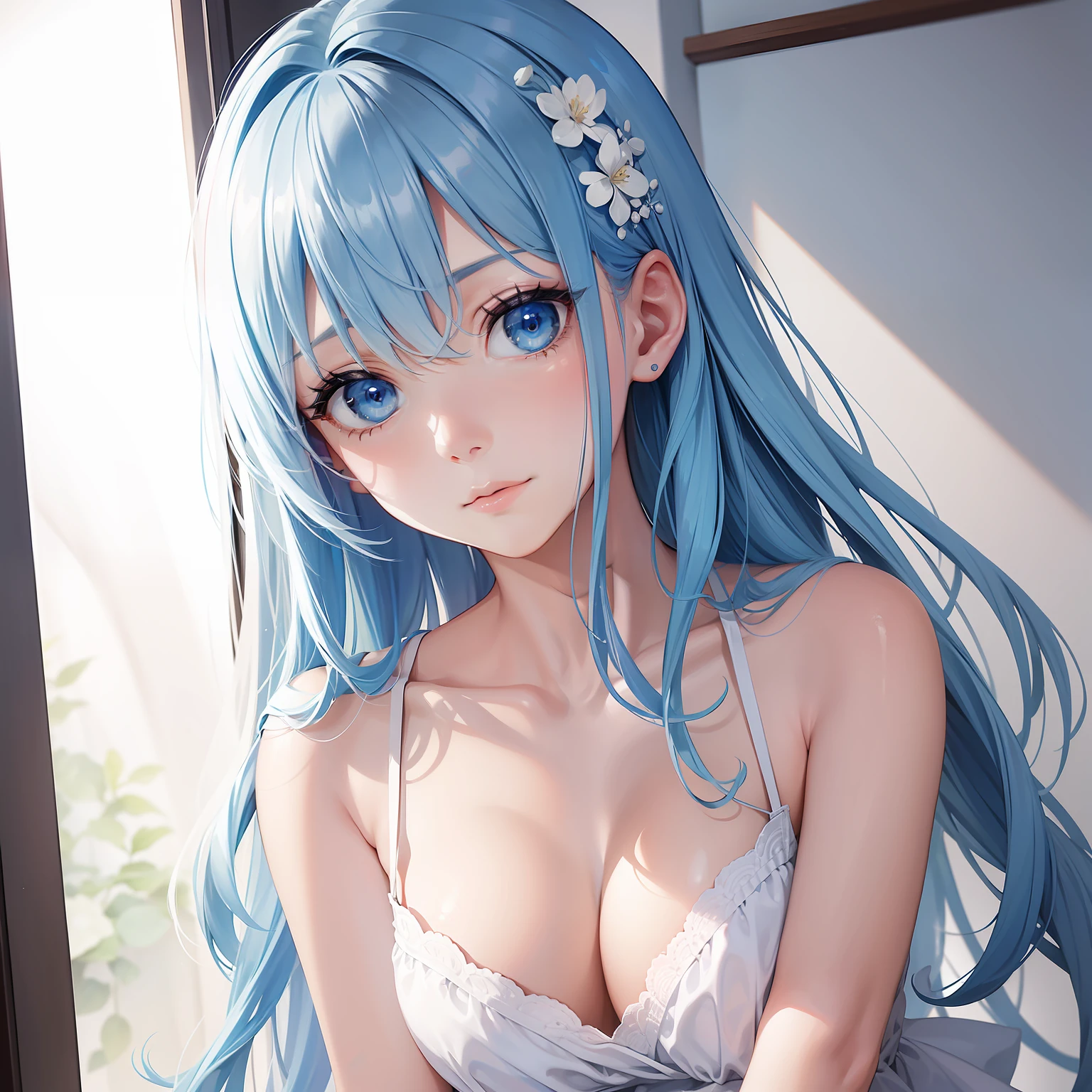 a women, blue hair, blue eyes, white dress
