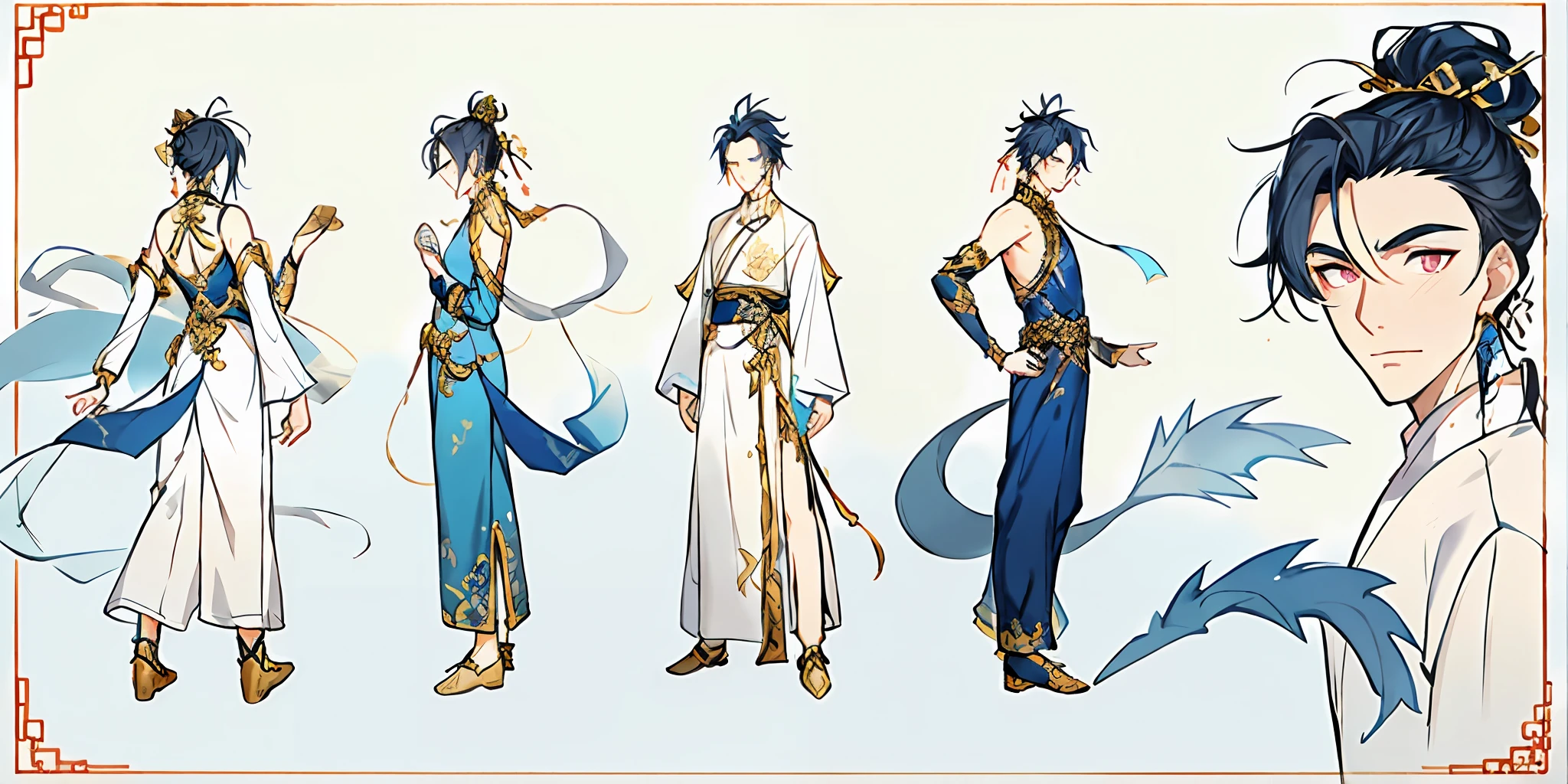 masterpiece,best quality,Ancient Chinese style, 1boy,A boy with gray and blue hair, braided hairstyle, golden pupils, dragon horns on her head, bare shoulders, and wearing cloth shoes with gold edges, Chinese Tang Dynasty costume,including front view, side view and back view,Concept art of character design