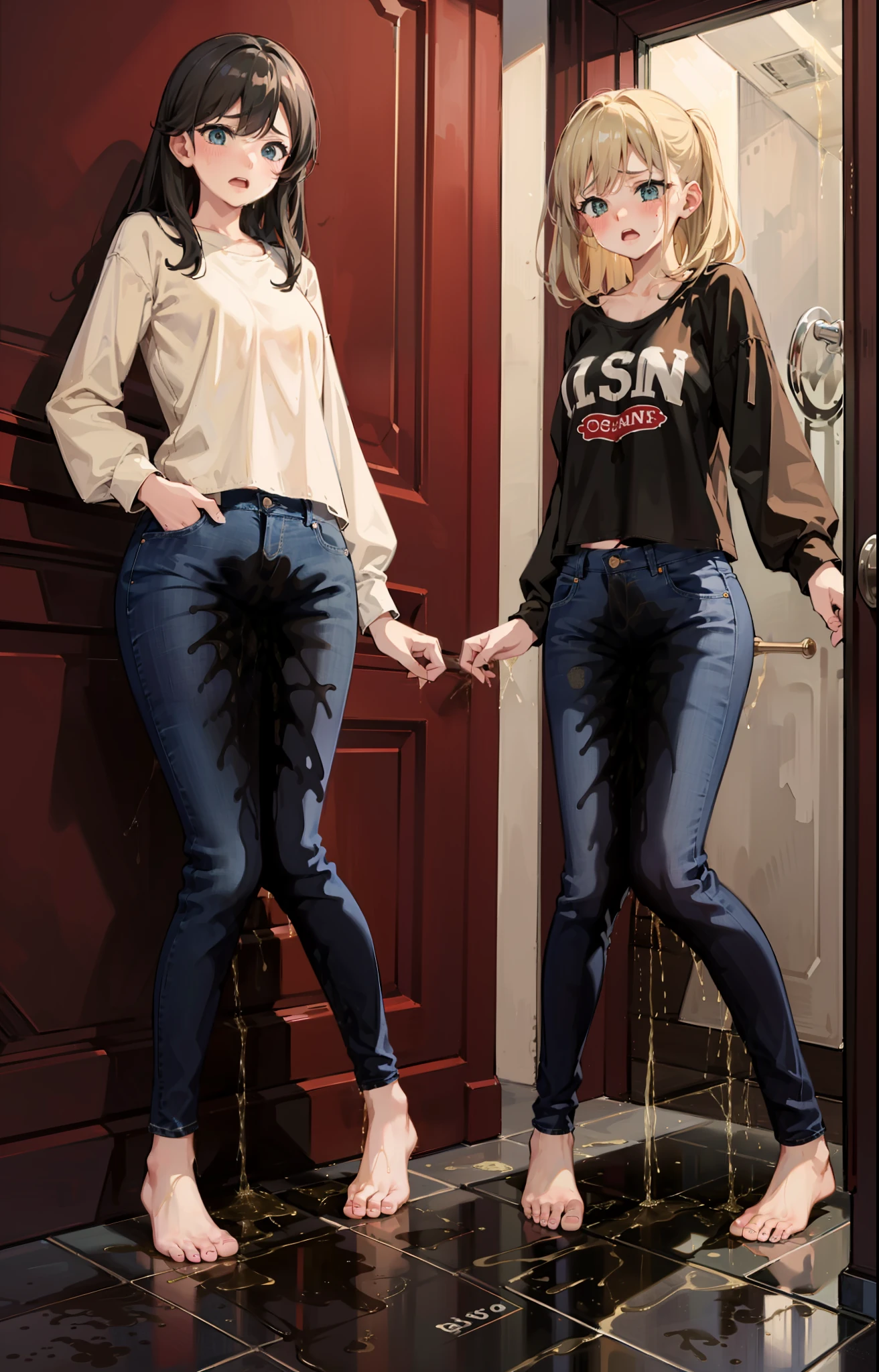 nsfw, masterpiece, best quality, high resolution, (3girls at the age of 20 year), (blue jeans pants), full body, (topless), (barefoot), blush, worried, open mouth, restroom, ((((((big pee stain))))))