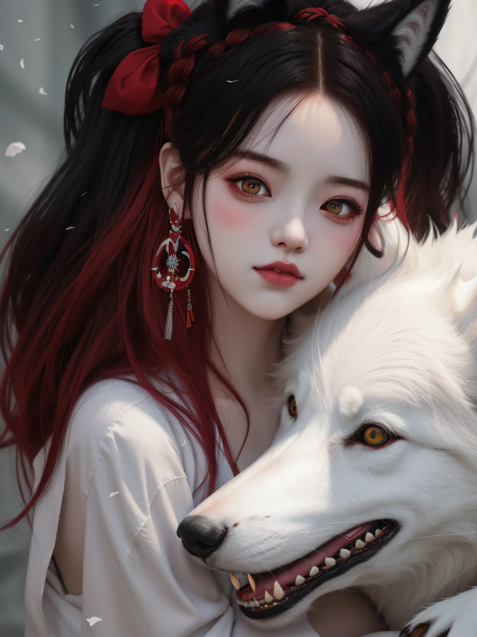 Anime girl with red hair and black ears hugging white wolf, Guviz-style artwork, Guviz, guweiz masterpiece, Guweiz in Pixiv ArtStation, Guweiz on ArtStation Pixiv, by Yang J, Loish et WLOP,Cute detailed digital art, lovely digital painting