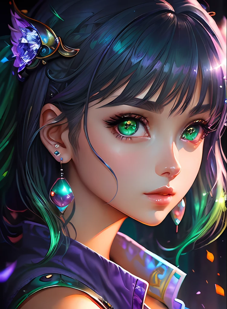 ((top-quality)), ((masterpiece)), ((realisitic)), (detaileds),animesque、anime styled、 (1人の女性)Earrings only accessories、Close up portrait of woman with greenish-purple hair color、Beautiful shining eyes, Like crystal clear glass、Casual sleeveless without collar、Summer clothes、4K high-definition digital art、stunning digital illustration、Stunning 8K artwork、colorfull digital fantasy art、Colorful and bright、beautiful digital works of art、Colorful Digital Anime Art、Portrait of beautiful woman、8K HD Digital Wallpaper Art、 Gorgeous Digital Painting