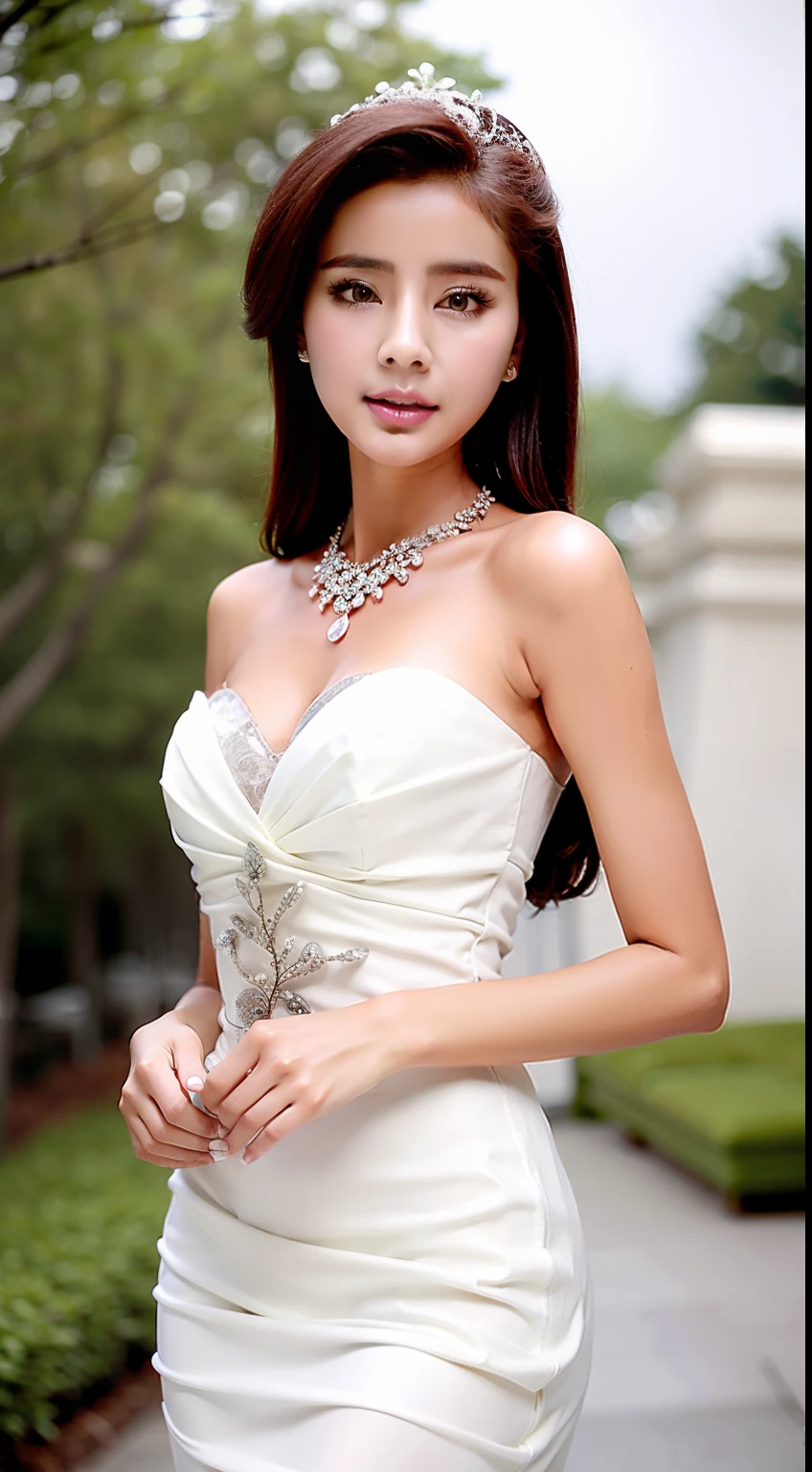 Fashion model 18 years old [[[[closeup cleavage]]]], [[[[boobgasm]]]], [[[[coll]]]], [[[[bshoulders]]]], perfect  eyes, Perfect iris，Perfect lips，perfect teeth，Perfect skin，Long face，slender nose，Soft front light，hdr，Movie girl，on cheongsam，long whitr hair，Long hair with a shawl，Long hair like a waterfall，Green trees and flowers in the background，（pastel colour：1.2）