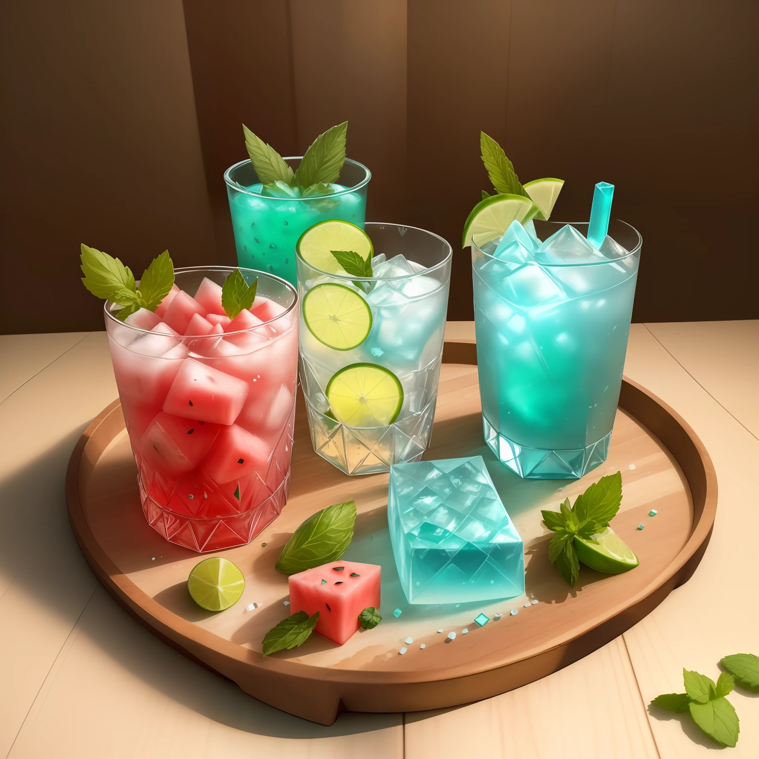 A glass of soda, frozen, frozen effect, on a wooden tray with pieces of watermelon, with mint leaves, cut small turquoise greens, with ice cubes, a few scattered ice cubes on a wooden board, super realistic Food pictures, full theme shown in photos,, Randy Post, hyper realistic ", hyper realistic", high res photo