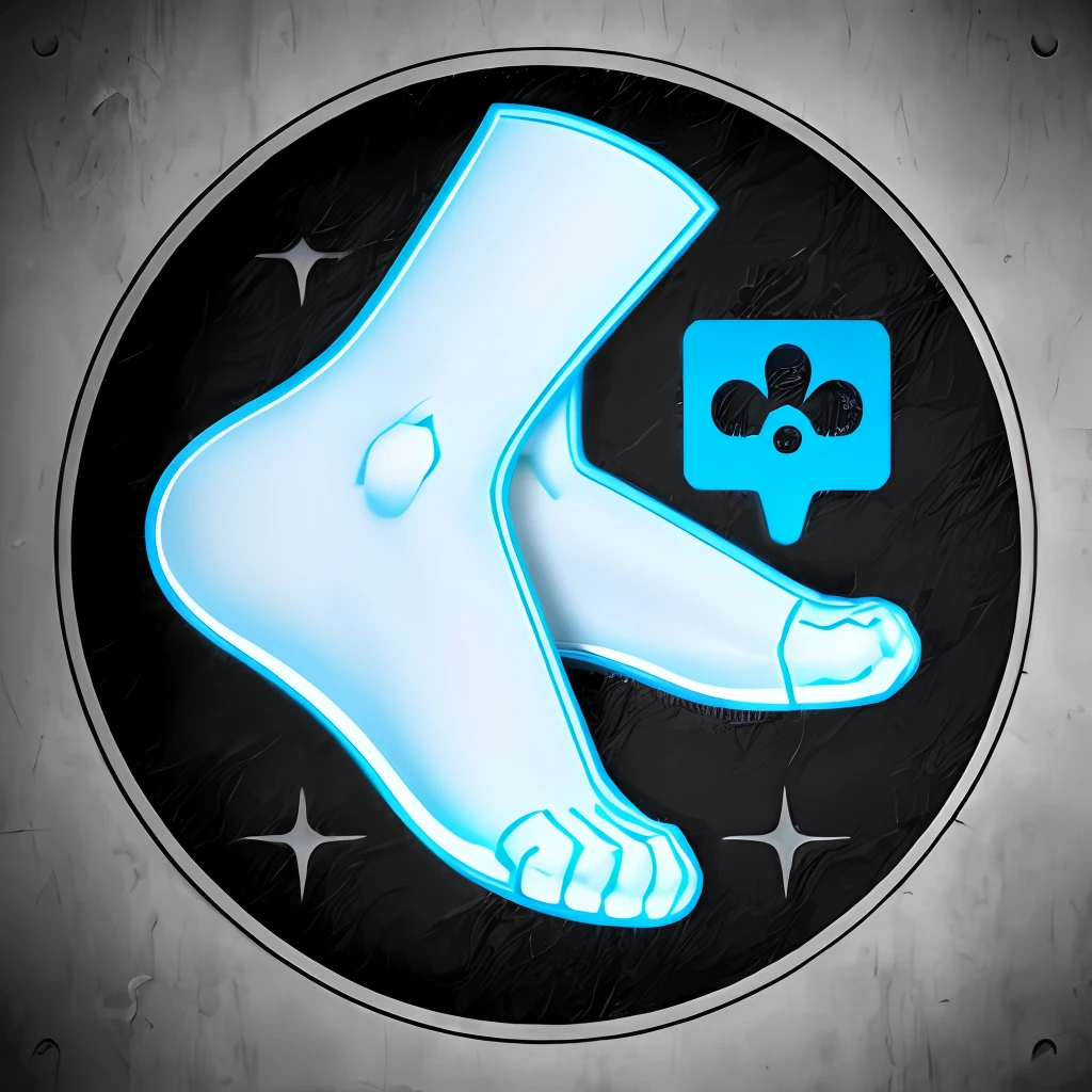 There is a blue sign with one foot and a blue sign with one paw, Giant robot foot, sinais cyberpunk, 3D Icon for mobile game, neon cybernetic implants, pernas grossas e lisas da estrutura de guerra, icon for an ai app, pernas grossas de warframe, Cybernetic legs, Cybernetic body parts, giant kicking foot, bipe!!