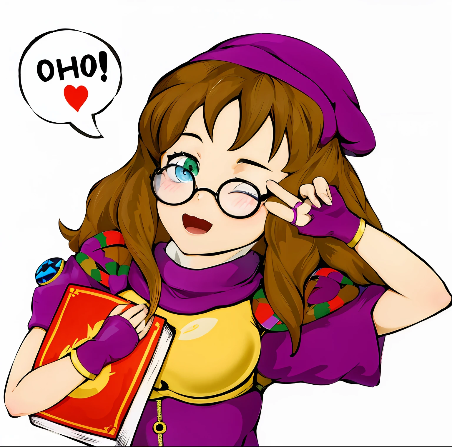 Cartoon girl with glasses and a book with a speech bubble, inspirado por Daphne Fedarb, !!usar gafas!!, Estilo anime Jojo, Ella usa gafas de Harry Potter, estilo anime", inspirado por Hermione Hammond, inspirado en Takehisa Yumeji, [ Arte digital ]!!, madeline de celeste, Una joven maga, took on ipad