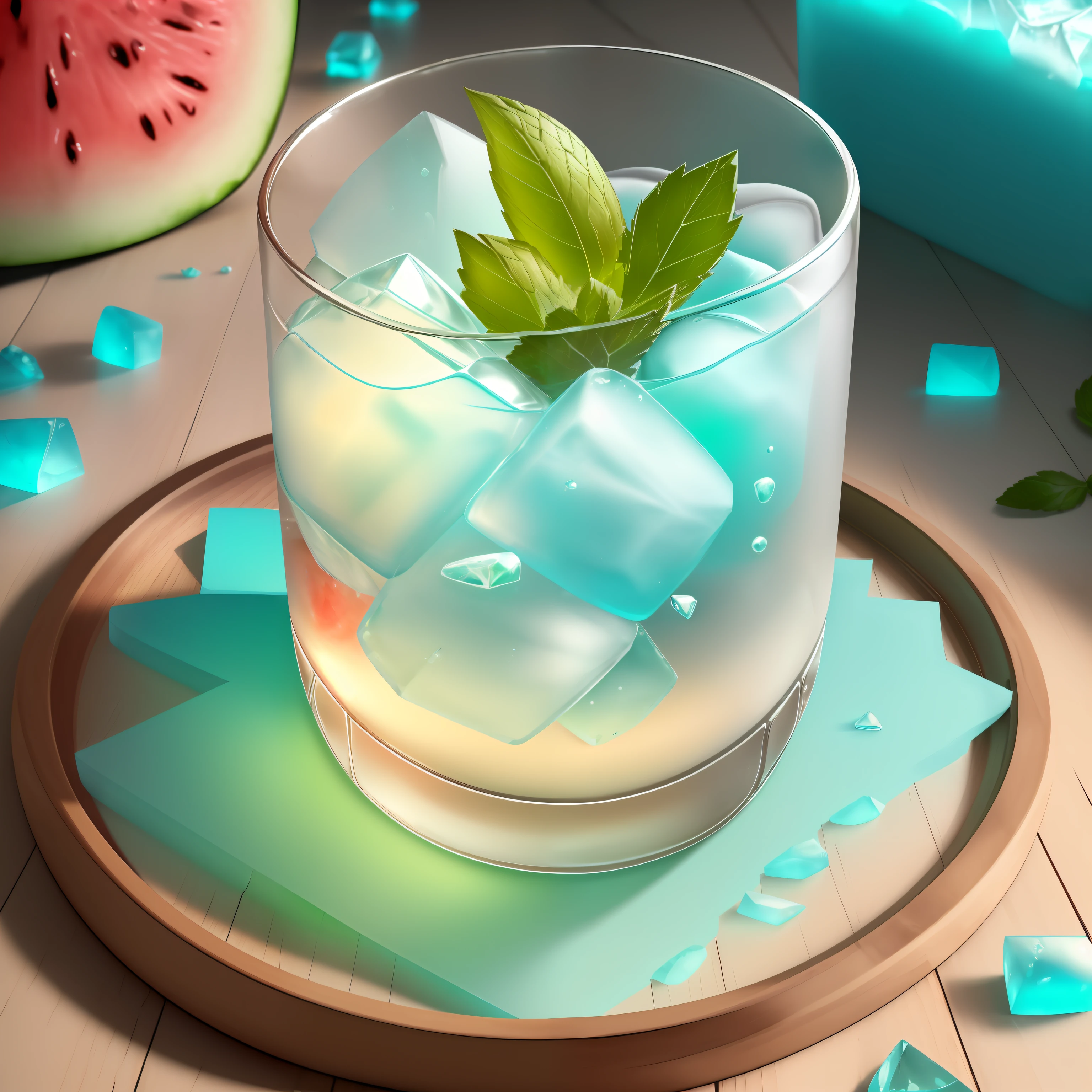 A glass of soda, frozen, frozen effect, on a wooden tray with pieces of watermelon, with mint leaves, cut small turquoise greens, with ice cubes, a few scattered ice cubes on a wooden board, super realistic Food pictures, full theme shown in photos,, Randy Post, hyper realistic ", hyper realistic", high res photo
