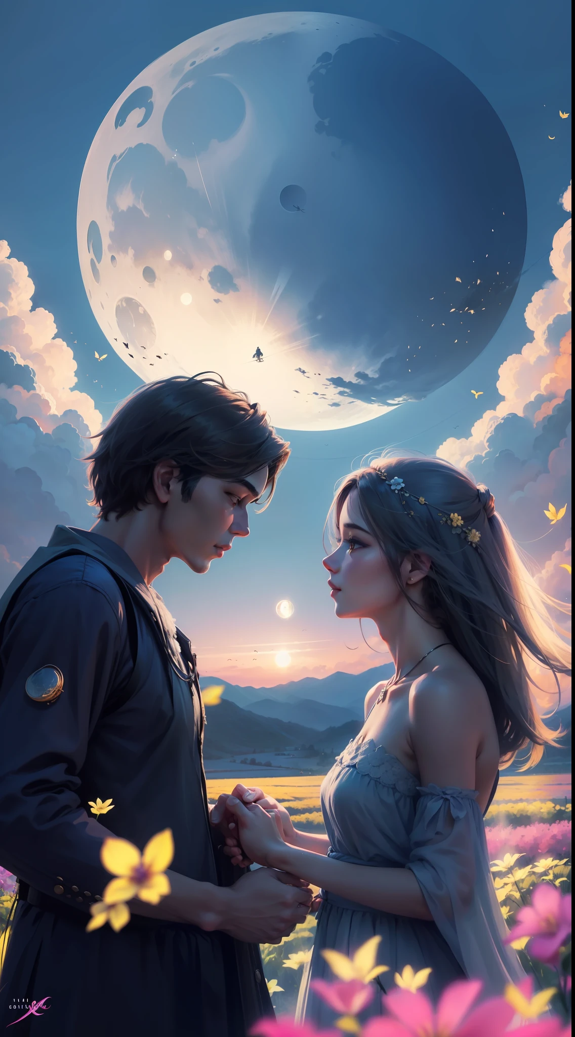 Loving couple male and female in sky , deatiled face, love , flowers , moon in the sky , and beautiful scenery of valley