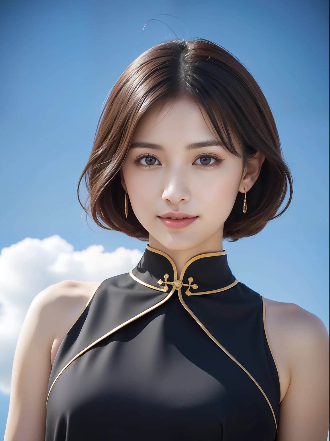 there is an ancient palace next to the girl，An extremely delicate and beautiful girl，realisticlying，Incredibly absurd，abstract artistic，From hips to shoulders，catch，Extremely detailed body，woman，年轻，20yr old，Short black Hong Kong style hair，，Floating hair，Light brown hair，Bi-tone hair，Beautiful fine hair，exquisite and beautiful face，light  smile，Clear  eyes，parted_lips， Black colored eyes，neck_ribbon，frilled_dress，Noble cheongsam，beautiful and clear background，beautiful sky，full bloom，very precise detail，absurderes，Extremely CG，
