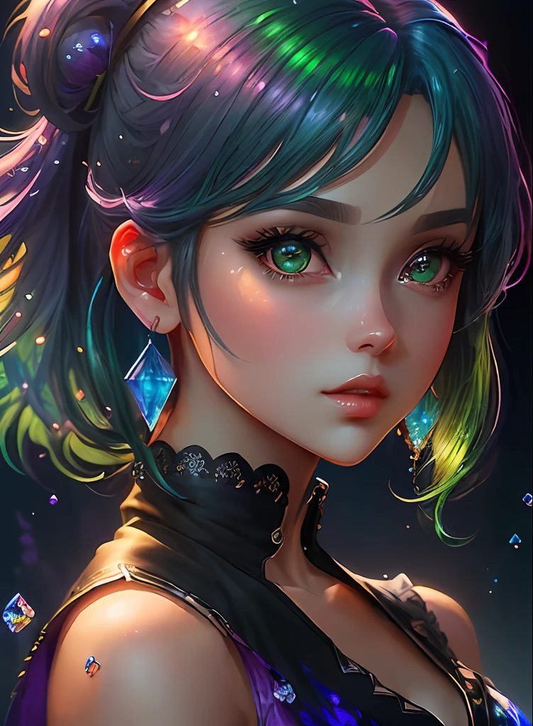 ((top-quality)), ((masterpiece)), ((realisitic)), (detaileds),animesque、anime styled、 (1人の女性)Earrings only accessories、Close up portrait of woman with greenish-purple hair color、Beautiful shining eyes, Like crystal clear glass、Casual sleeveless without collar、Summer clothes、4K high-definition digital art、stunning digital illustration、Stunning 8K artwork、colorfull digital fantasy art、Colorful and bright、beautiful digital works of art、Colorful Digital Anime Art、Portrait of beautiful woman、8K HD Digital Wallpaper Art、 Gorgeous Digital Painting