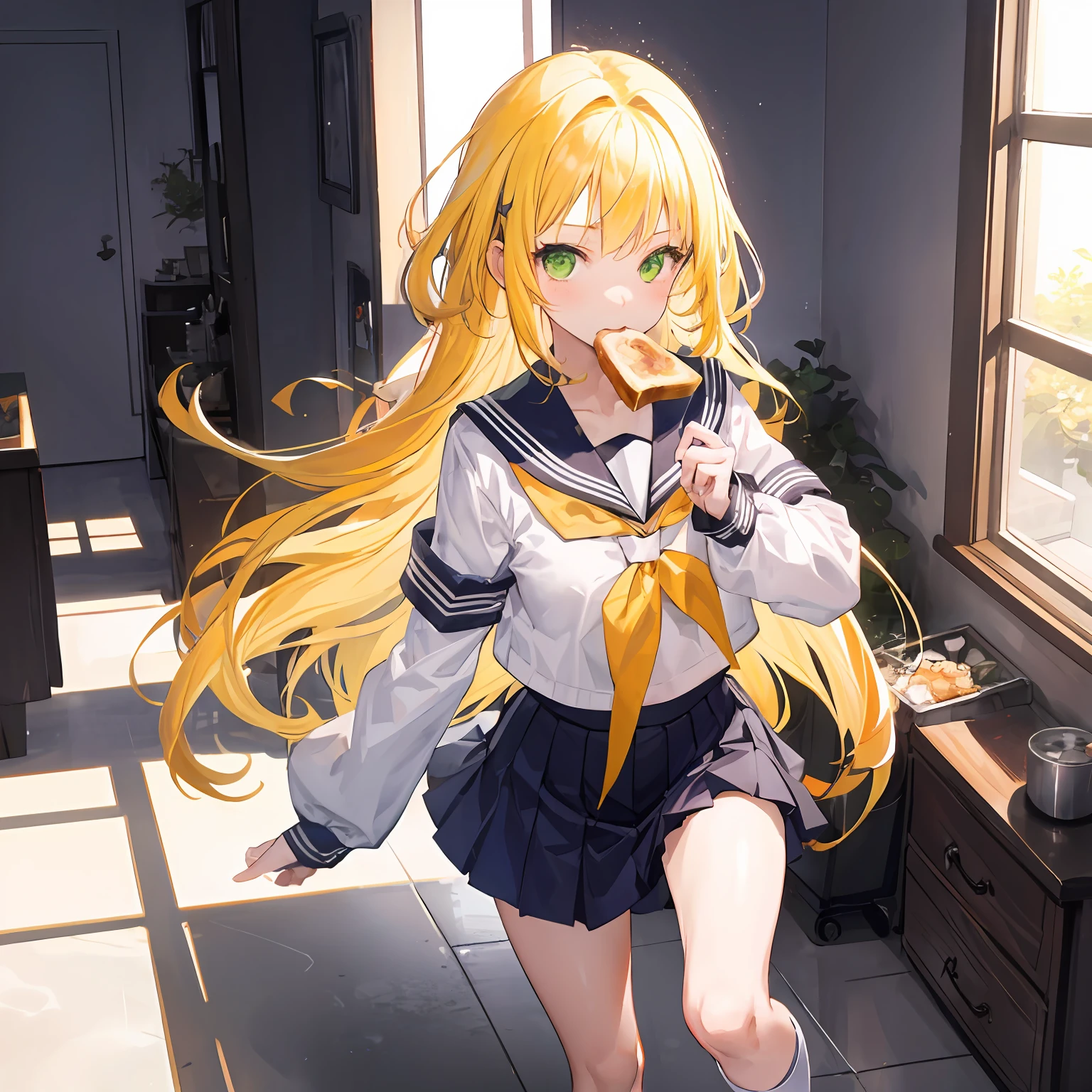 1girl,Yellow hair,long hair,hessy hair,green eyes,serafuku,toast in mouth,home