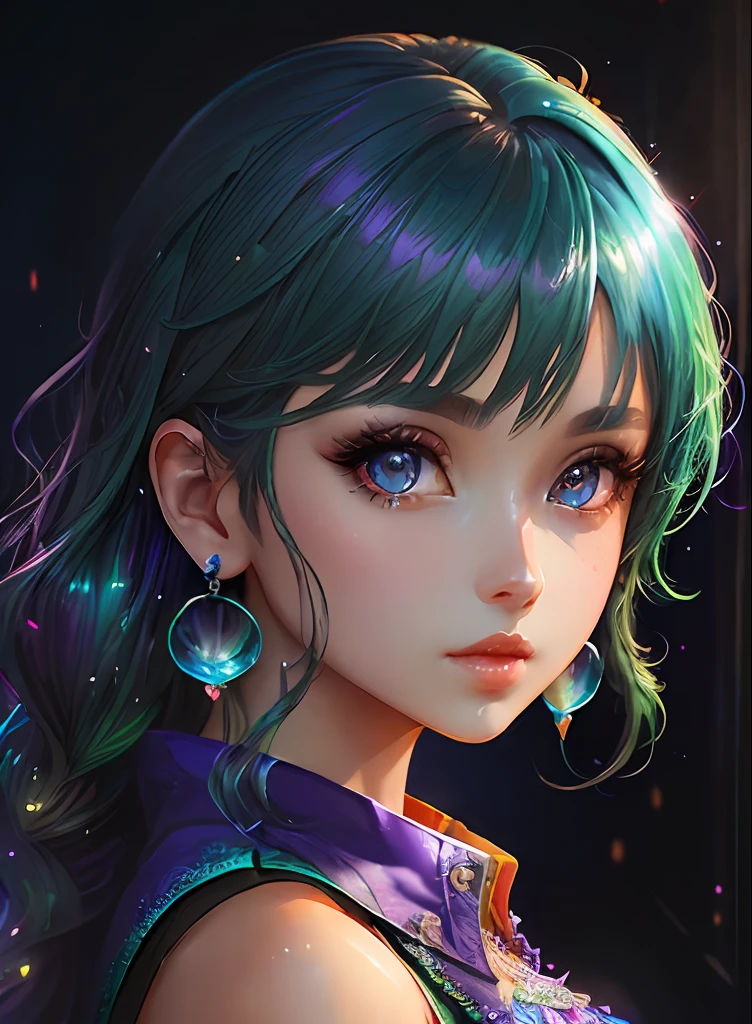 ((top-quality)), ((​masterpiece)), ((realisitic)), (detaileds),animesque、anime styled、 (1人の女性）Earrings only accessories、Close up portrait of woman with greenish-purple hair color、Beautiful shining eyes, Like crystal clear glass、Casual sleeveless without collar、Summer clothes、4K high-definition digital art、stunning digital illustration、Stunning 8K artwork、colorfull digital fantasy art、Colorful and bright、beautiful digital works of art、Colorful Digital Anime Art、Portrait of beautiful woman、8K HD Digital Wallpaper Art、 Gorgeous Digital Painting