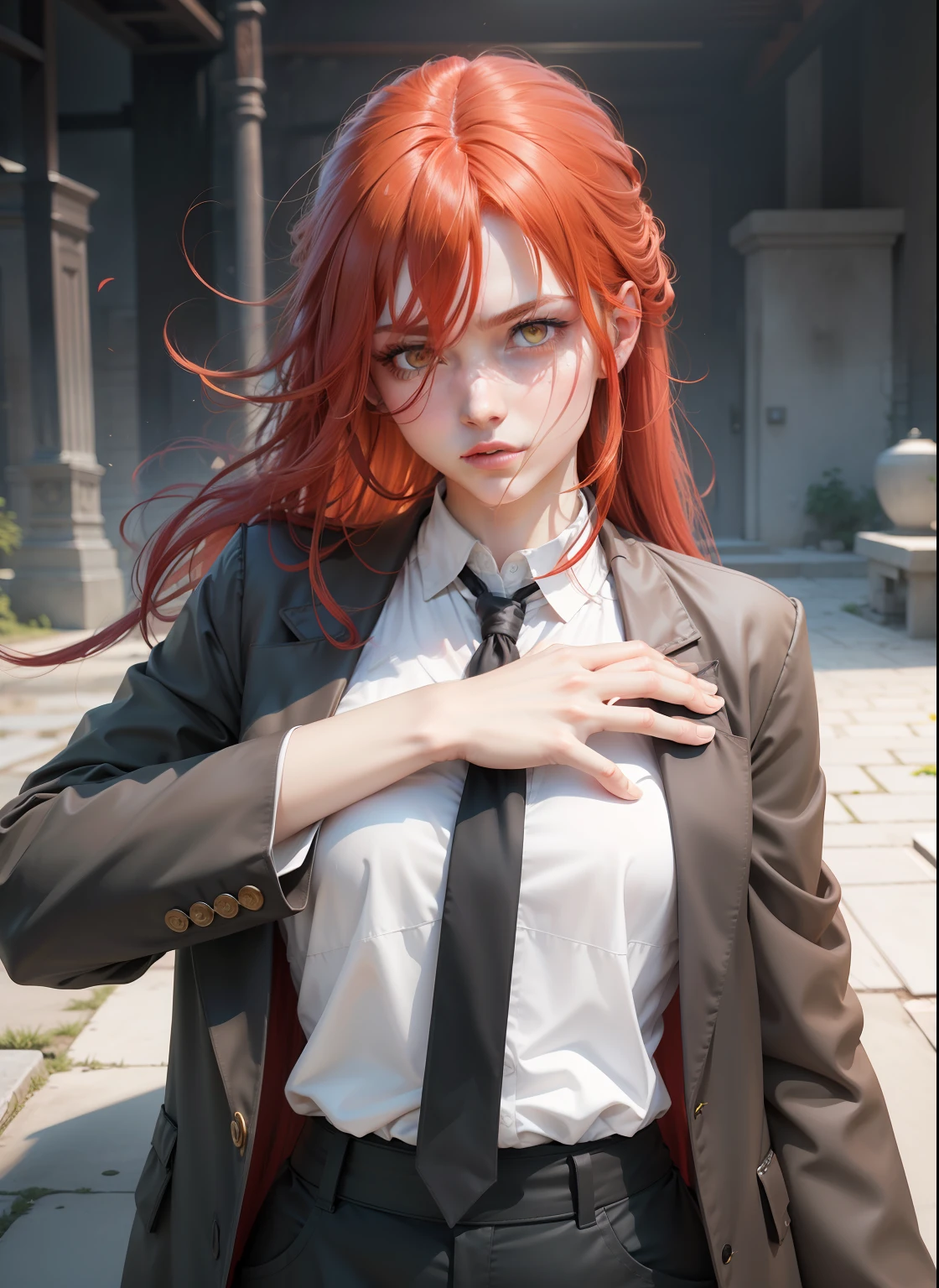 red hair, long hair, white shirt, yellow eyes, realistic, ultra detail, 70mm lens.