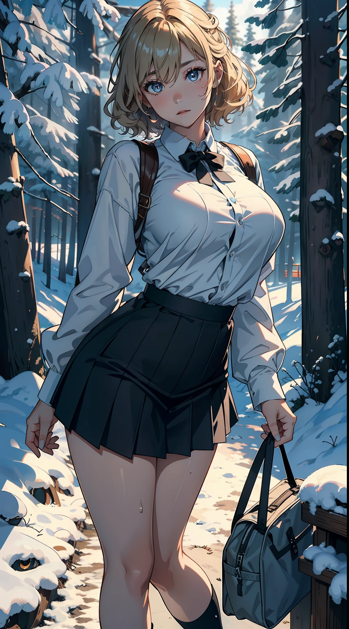 1female,18yr old,Large breasts, 独奏,(Background with:coniferous forest,at winter season,Snow on the ground) She has short blonde hair, standing on your feet,Sweat profusely,drenched all over the body,From the front side, curlies, mostly cloudy sky,(((tmasterpiece),(Very detailed CG unity 8K wallpaper),best qualtiy,cinmatic lighting,detailed back ground,beatiful detailed eyes,Bright pupils,(Very fine and beautiful),(Beautiful and detailed eye description),ultra - detailed,tmasterpiece,)),facing at camera,A high resolution,ultra - detailed),Big high school girl,Wearing a JK uniform,blackstockings,