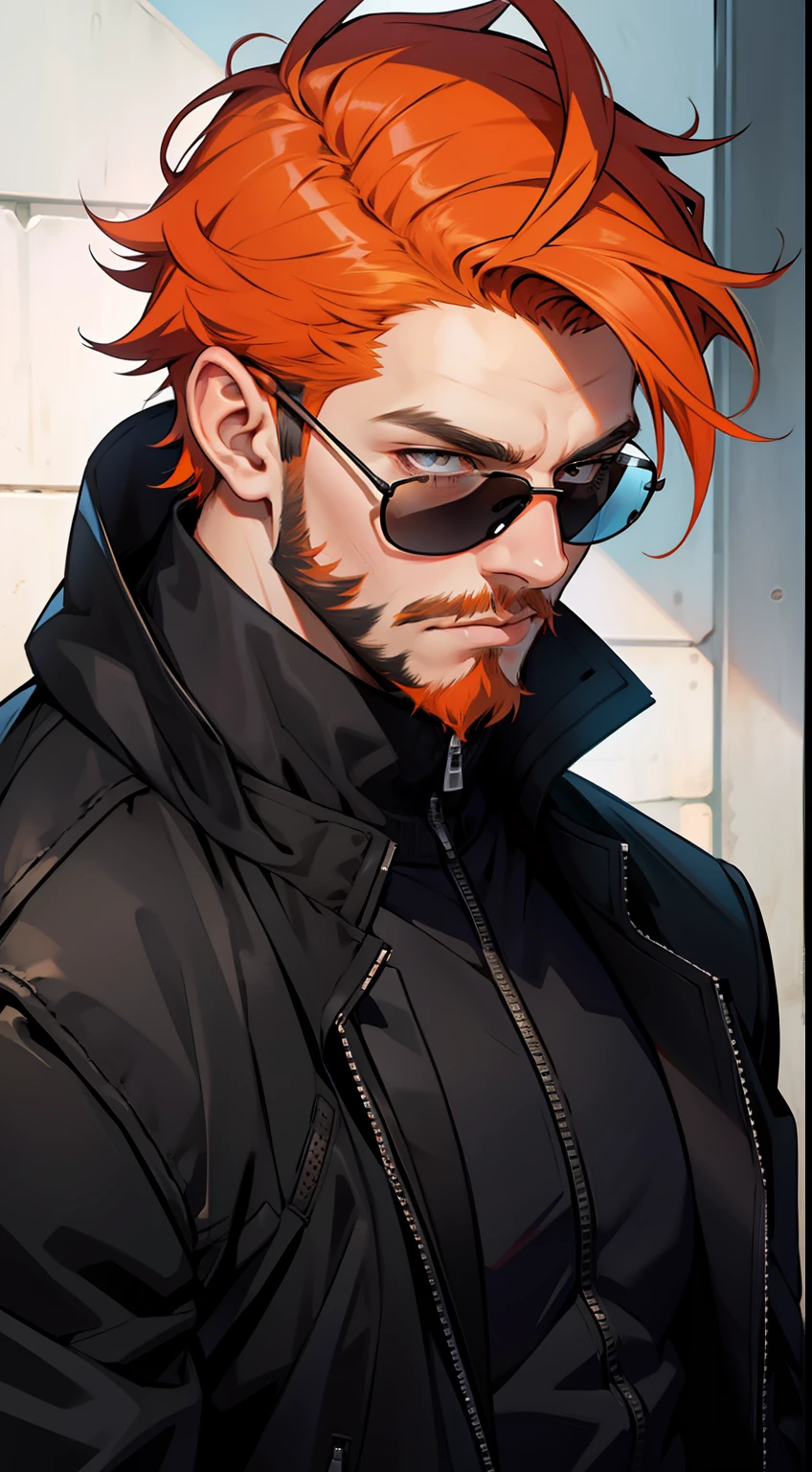 a guy with short orange hair and shoved beard using sunglasses wearing a black jacket