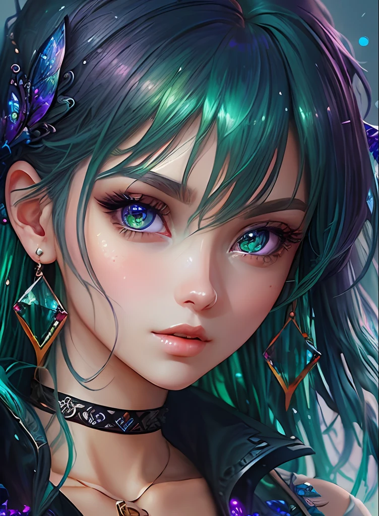 ((top-quality)), ((masterpiece)), ((realisitic)), (detaileds),animesque、anime styled、 (1人の女性)Earrings only accessories、Close up portrait of woman with greenish-purple hair color、Beautiful shining eyes, Like crystal clear glass、Casual sleeveless without collar、Summer clothes、4K high-definition digital art、stunning digital illustration、Stunning 8K artwork、colorfull digital fantasy art、Colorful and bright、beautiful digital works of art、Colorful Digital Anime Art、Portrait of beautiful woman、8K HD Digital Wallpaper Art、 Gorgeous Digital Painting