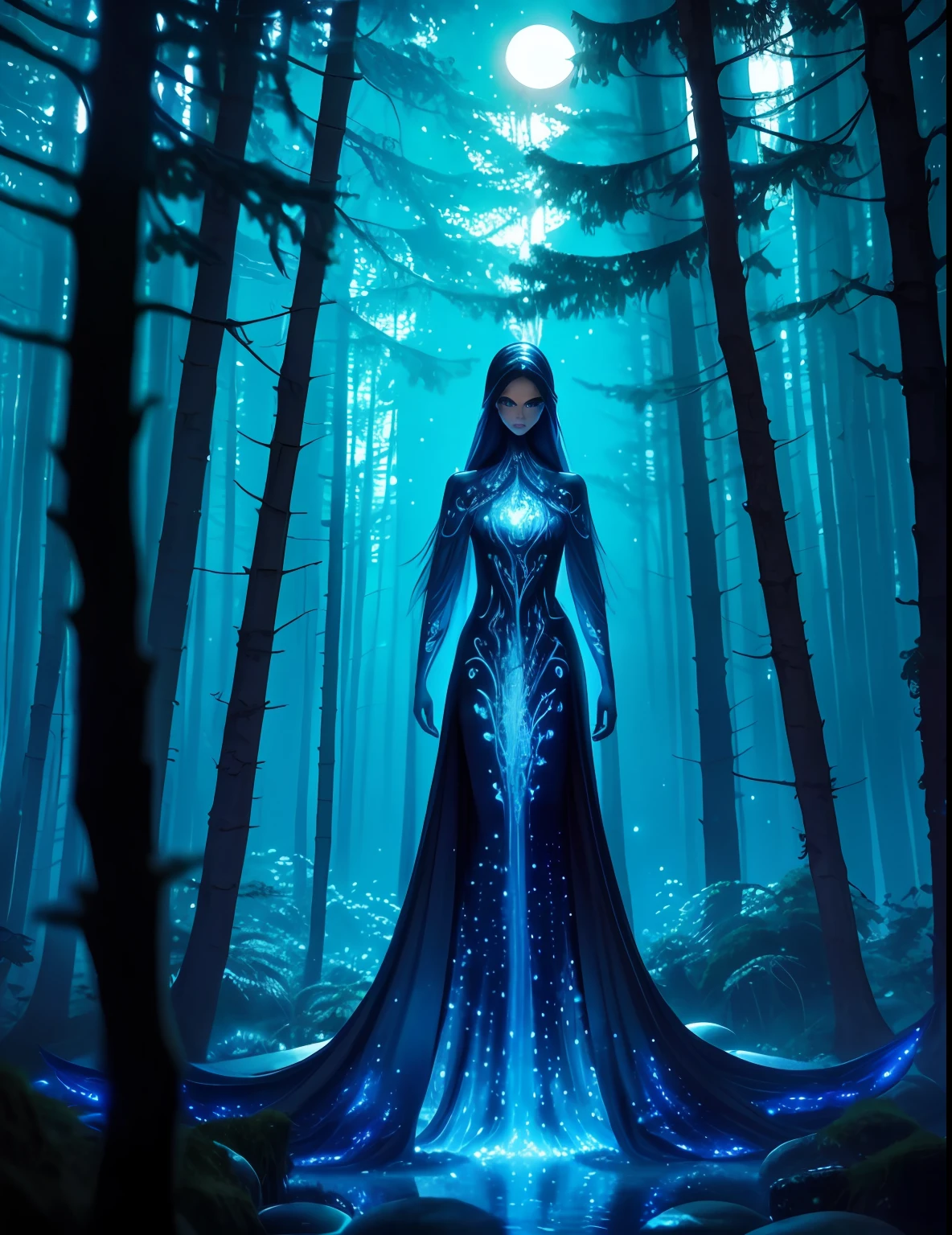 retrofuturism style, Mysterious dark forest a thin doll like creature with sparkling stars bodypaint but with inhuman freatures in his body, blue glowing, in the dreamy forest, fantasy, moon dry branches, water ink, ink water, ink cloud, many different types of glowing mushrooms, alberto seveso art, loose painting style, intricate detail, cinematic lighting, octane render, 8k render, volumetric lighting