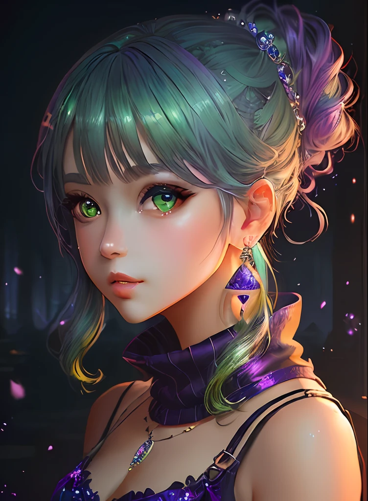 ((top-quality)), ((masterpiece)), ((realisitic)), (detaileds),animesque、anime styled、 (1人の女性)Earrings only accessories、Close up portrait of woman with greenish-purple hair color、Beautiful shining eyes, Like crystal clear glass、Casual sleeveless without collar、Summer clothes、4K high-definition digital art、stunning digital illustration、Stunning 8K artwork、colorfull digital fantasy art、Colorful and bright、beautiful digital works of art、Colorful Digital Anime Art、Portrait of beautiful woman、8K HD Digital Wallpaper Art、 Gorgeous Digital Painting