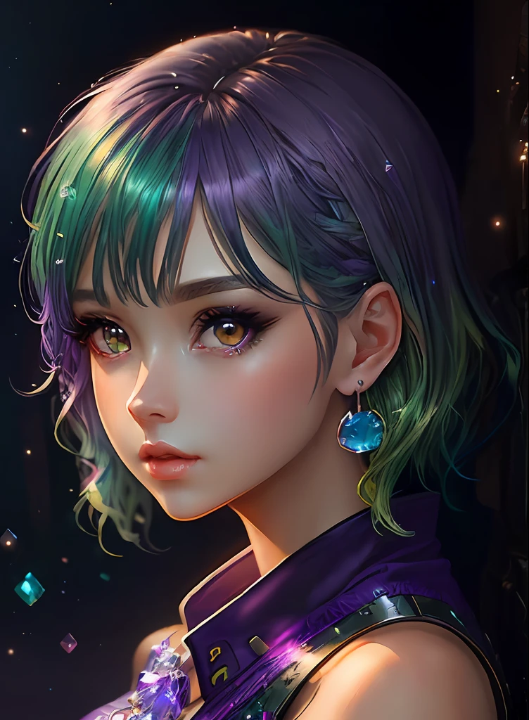 ((top-quality)), ((​masterpiece)), ((realisitic)), (detaileds),animesque、anime styled、 (1人の女性）Earrings only accessories、Close up portrait of woman with greenish-purple hair color、Beautiful shining eyes, Like crystal clear glass、Casual sleeveless without collar、Summer clothes、4K high-definition digital art、stunning digital illustration、Stunning 8K artwork、colorfull digital fantasy art、Colorful and bright、beautiful digital works of art、Colorful Digital Anime Art、Portrait of beautiful woman、8K HD Digital Wallpaper Art、 Gorgeous Digital Painting