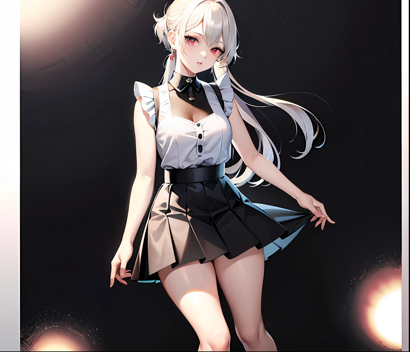 best quality, ultra high res, 1girl, sleeveless white button shirt, black skirt, black choker, cute, (Kpop idol), (aegyo sal:1), (platinum blonde hair:1), ((puffy eyes)), looking at viewer, full body, facing front