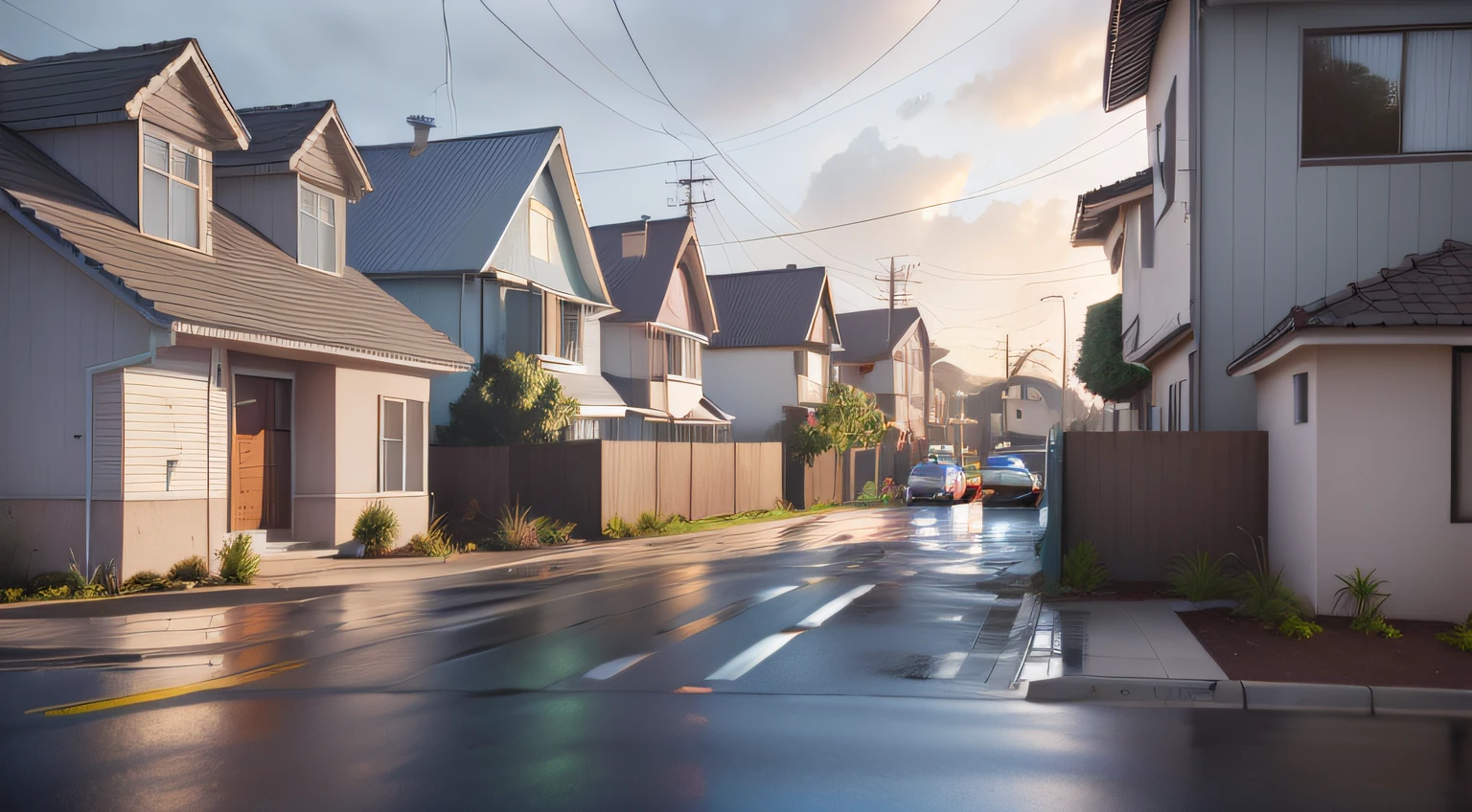 There's a car coming down the street in the rain, Arruamento fotorrealista, foto realista de uma cidade, Suburb Street, octan render. por makoto shinkai, photorealistic render in octane, photorealistic cinematic render, motor irreal foto-realista, Archviz, soft morning light. hiper-realismo, highly detailed octane render, residential area, estilo fotorrealista