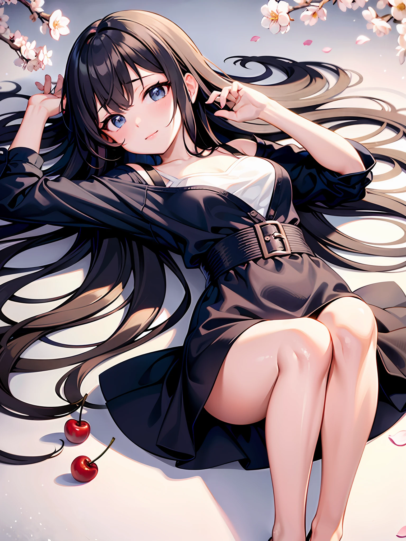 Anime girl, black hair, camellia, cherry blossoms, ball, long hair, lying, bangs, blue eyes, falling petals, flower, looking at viewer