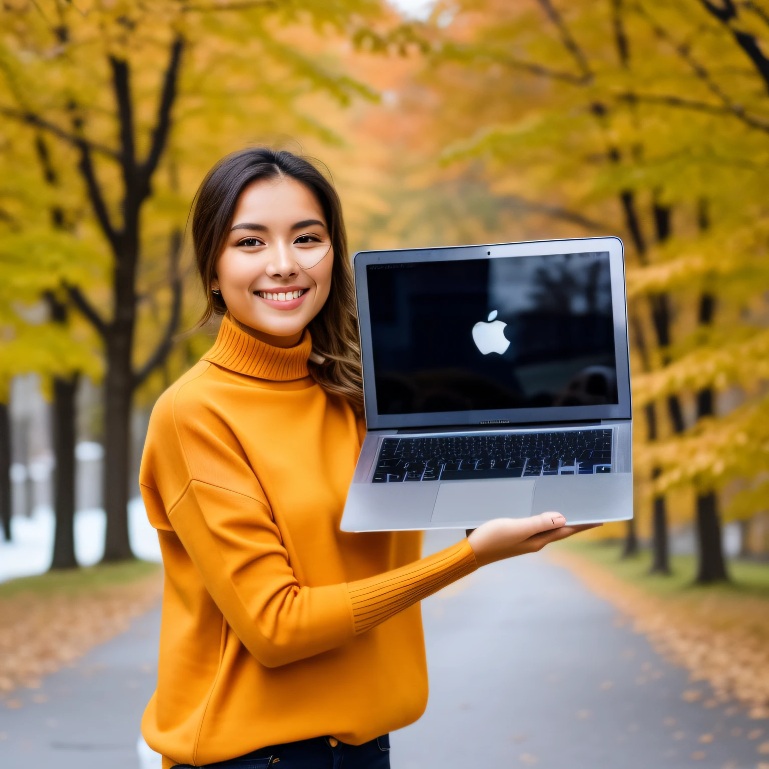 beautiful young woman holding a macbook showing the macbook screen, wearing a turtleneck sweater cacharrel winter autumn basic style