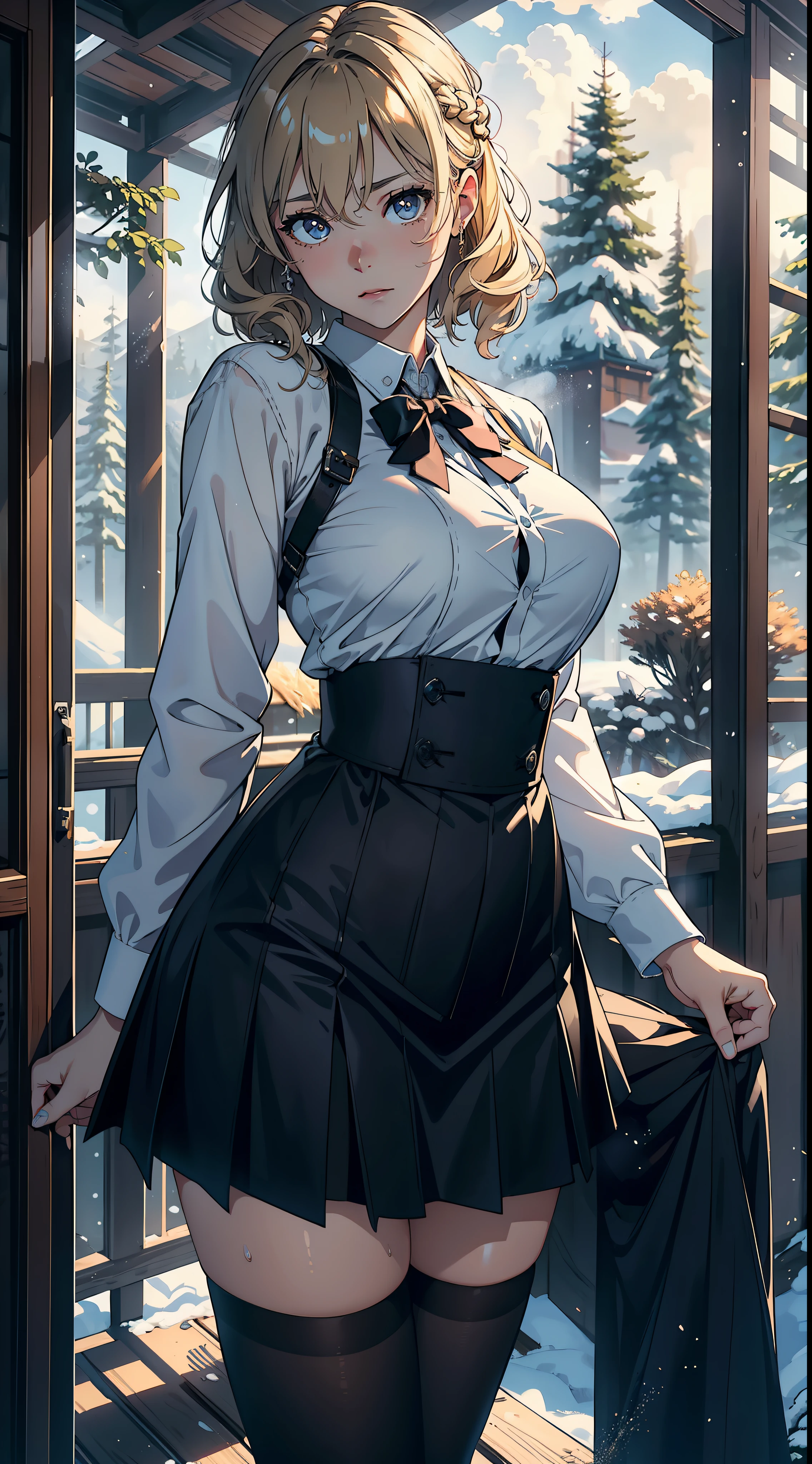 1female,18yr old,Large breasts, 独奏,(Background with:coniferous forest,at winter season,Snow on the ground) She has short blonde hair, standing on your feet,Sweat profusely,drenched all over the body,From the front side, curlies, mostly cloudy sky,(((tmasterpiece),(Very detailed CG unity 8K wallpaper),best qualtiy,cinmatic lighting,detailed back ground,beatiful detailed eyes,Bright pupils,(Very fine and beautiful),(Beautiful and detailed eye description),ultra - detailed,tmasterpiece,)),facing at camera,A high resolution,ultra - detailed),Big high school girl,Wearing a JK uniform,blackstockings,