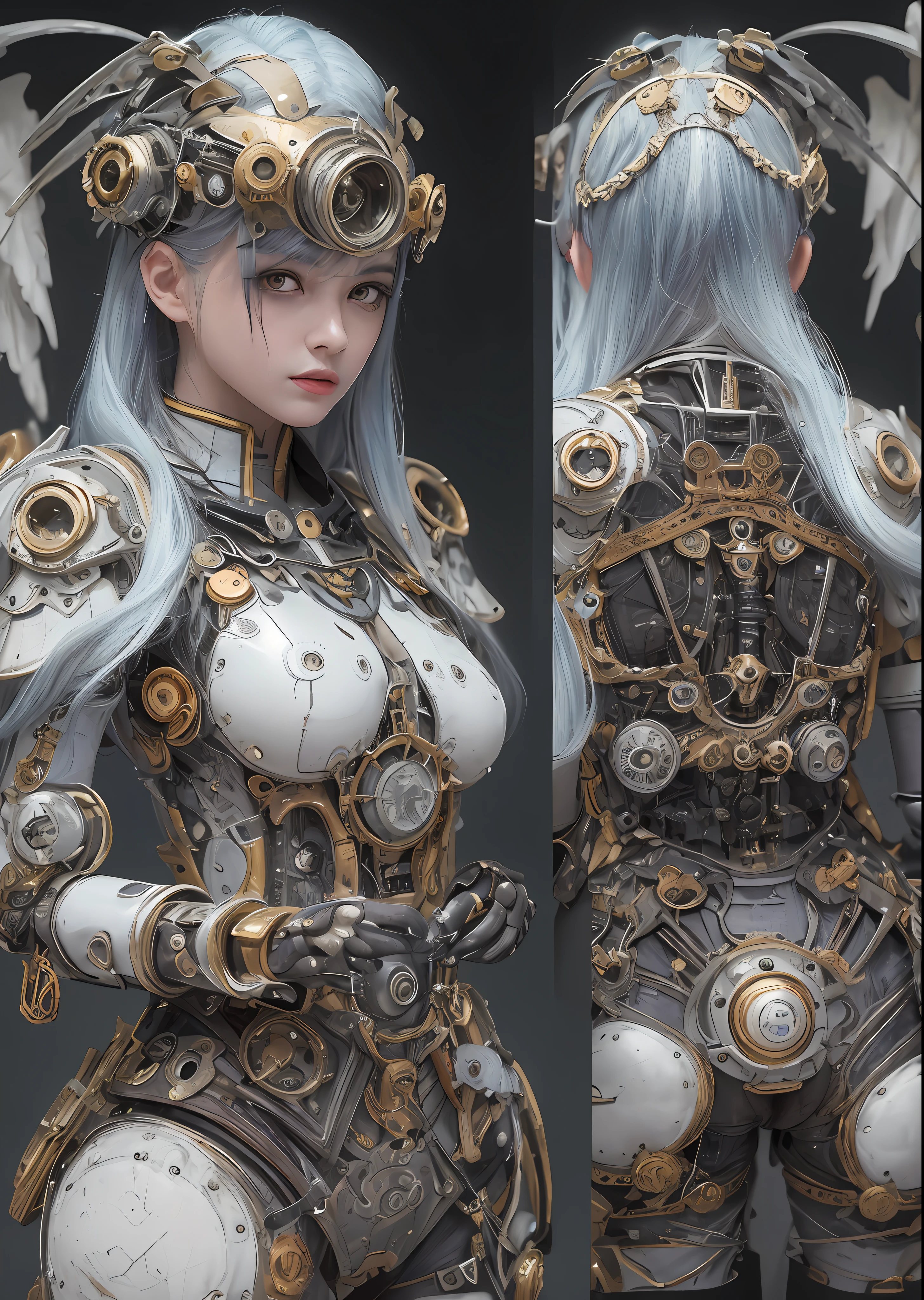 top-quality、​masterpiece、超A high resolution、(Photorealsitic:1.4)、Raw photo、Steampunk Battle Cyborg Angel、large wings made of metal、White porcelain body、Acrylic Clear Cover、white  hair、glowy skin、1 steampunk cyborg girl、((super realistic details))、portlate、globalillumination、Shadow、octan render、8K、ultrasharp、character edge light,Colossal tits、Raw skin is exposed in cleavage、Details of complex ornaments、Details of the steam engine、Hydraulic cylinder、Small LED lamp、highly intricate detail、Realistic light、a purple eye、radiant eyes、Facing the camera、neon details、cowboy  shot、Futuristic headgear、About steampunk、、