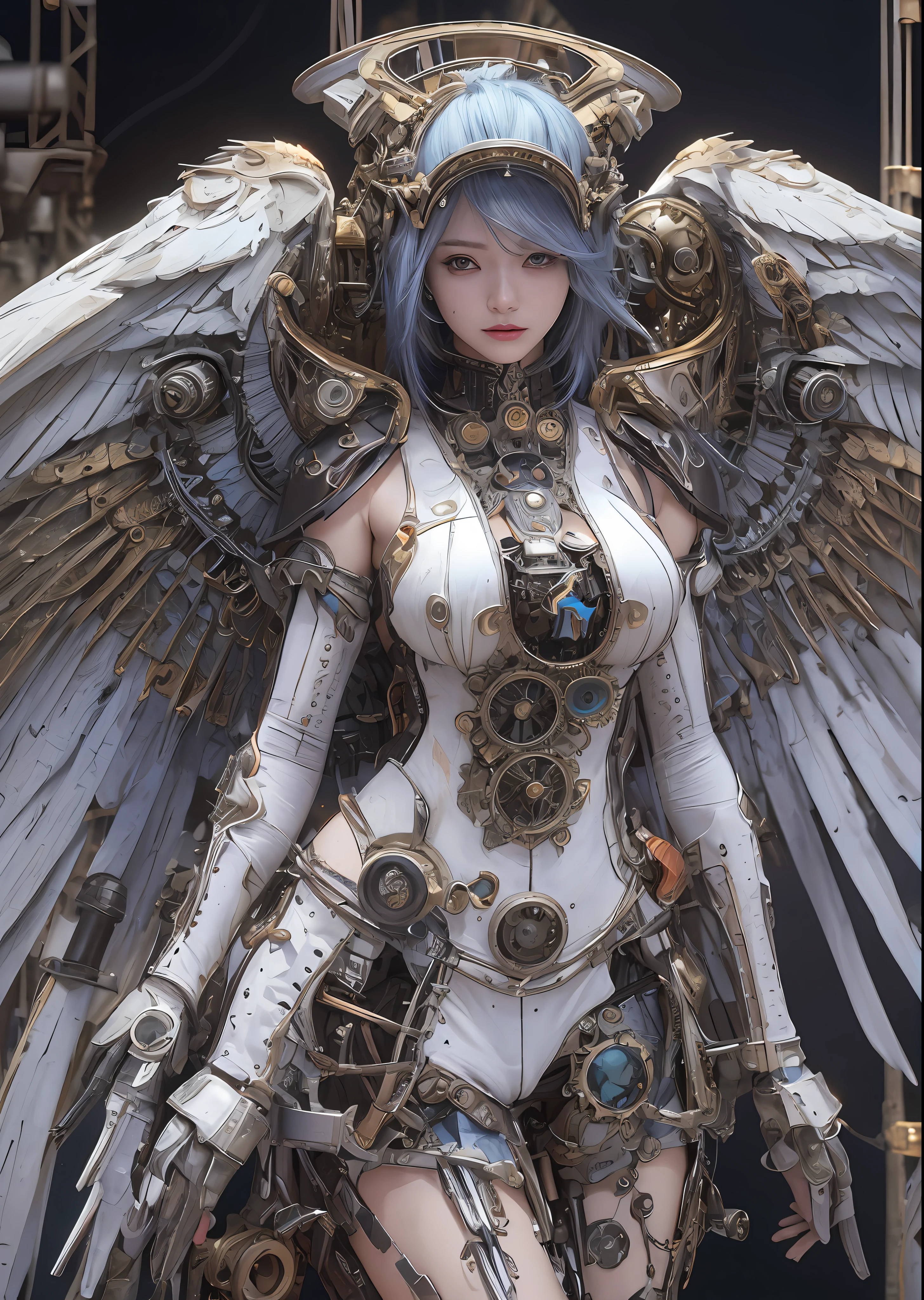 top-quality、​masterpiece、超A high resolution、(Photorealsitic:1.4)、Raw photo、Steampunk Battle Cyborg Angel、large wings made of metal、White porcelain body、Acrylic Clear Cover、white  hair、glowy skin、1 steampunk cyborg girl、((super realistic details))、portlate、globalillumination、Shadow、octan render、8K、ultrasharp、character edge light,Colossal tits、Raw skin is exposed in cleavage、Details of complex ornaments、Details of the steam engine、Hydraulic cylinder、Small LED lamp、highly intricate detail、Realistic light、a purple eye、radiant eyes、Facing the camera、neon details、cowboy  shot、Futuristic headgear、About steampunk、、