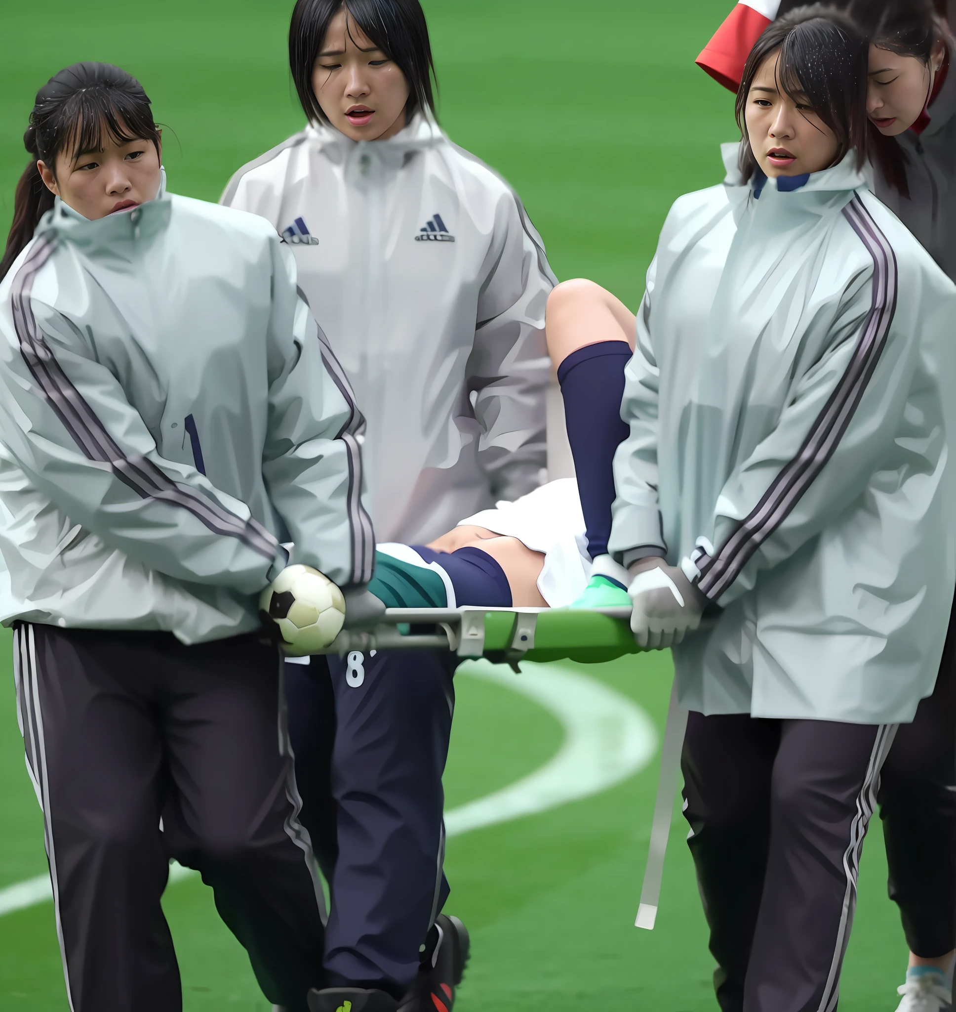 a soccer scene in a chinese sports stadium, rainy weather, wet ground, rainfall, injury scene in a sports stadium, stretcher carry, there are four female medics in wet raincoats who carrying a stretcher, there are four female medics in wet raincoats who are carrying a stretcher in a rainy sports stadium, there is a wounded male soccer player in a matte short cotton sports outfit lying on the stretcher, an injured male soccer player is lying on his back on a stretcher and is rearing up in agony, a soccer player is rearing up in pain while lying on his back on a stretcher, dramatic scene, theatralic posing scene, dramatic pity scene, injury soccer, first aid, help, pity, there are four female medics in shiny raincoats who are looking very sad and very terrified and very shocked, the injured soccer player is screaming out in pain while he is carried from the pitch on a stetcher through the rain