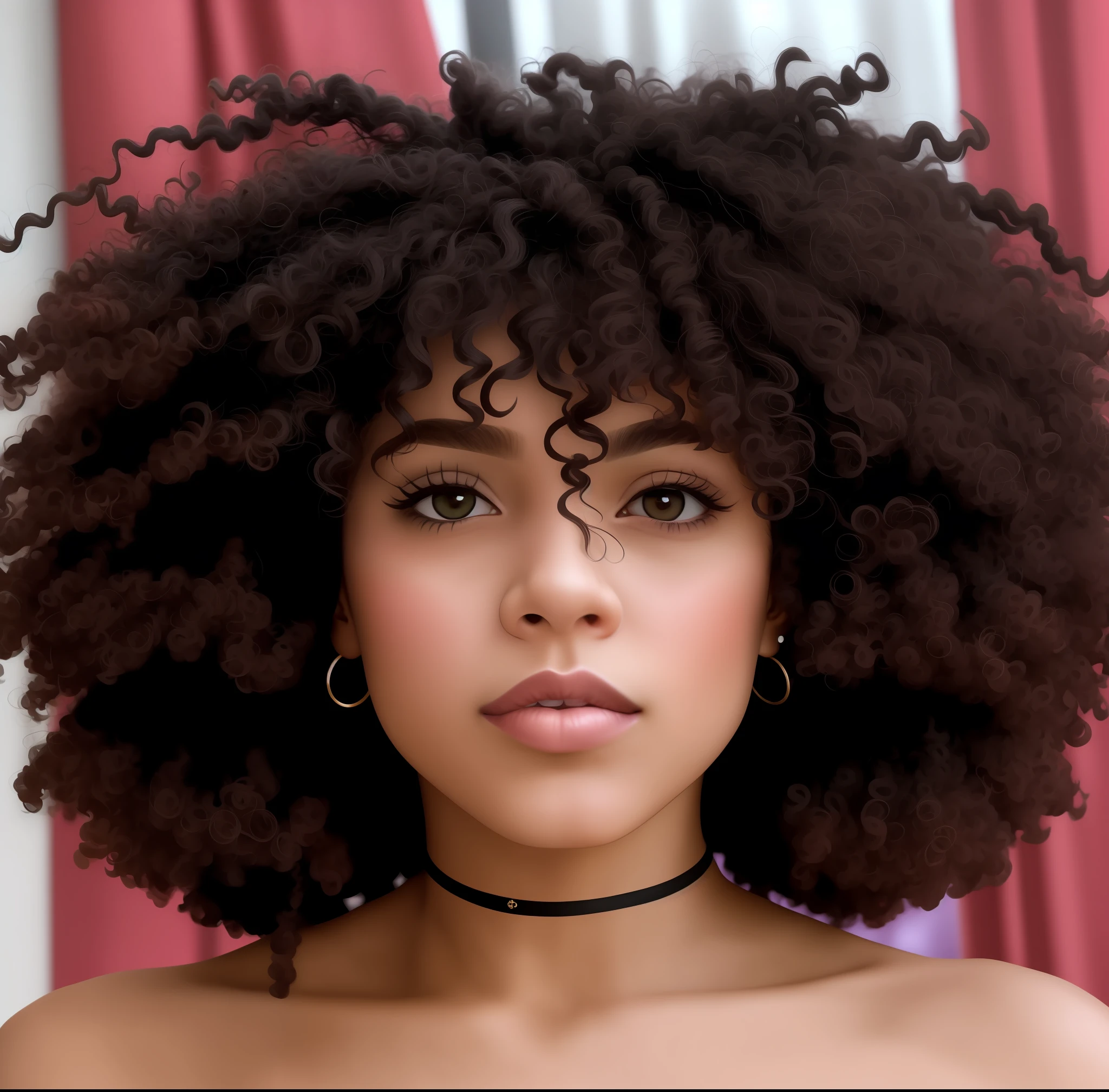 There is a woman with a very large afro with a red strangulation on her neck, franja encaracolado, afro encaracolado, cabelo encaracolado preto, cabelos negros cacheados, cabelos cacheados, seu rosto emoldurado com cachos, encaracolado, cachos por cima, cabelo afro, cabelo curto preto encaracolado, curly hair, afro, com afro, cabelos escuros cacheados, curly middle part haircut, cabelos cachos, Cachos